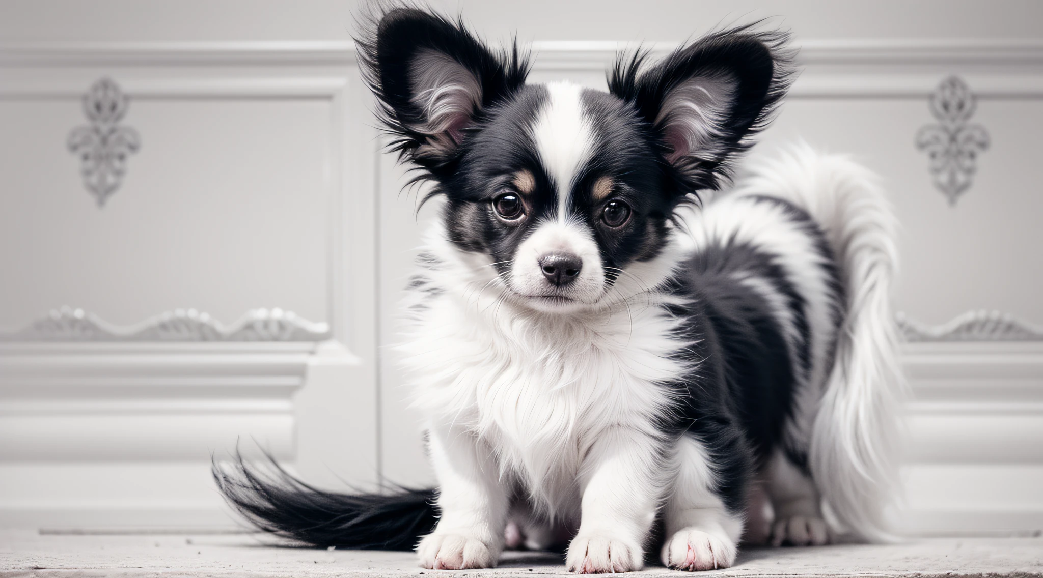 Puppy black and white color papillon dog wihe cute smile, furren type ears. Well-groomed fur，Beautiful dog with lean ears, the most adorable in the world, all white feet and chest, neat, beautiful smile to admire, wonderful, round, shining eyes, bright expression, in a nice japanese room.