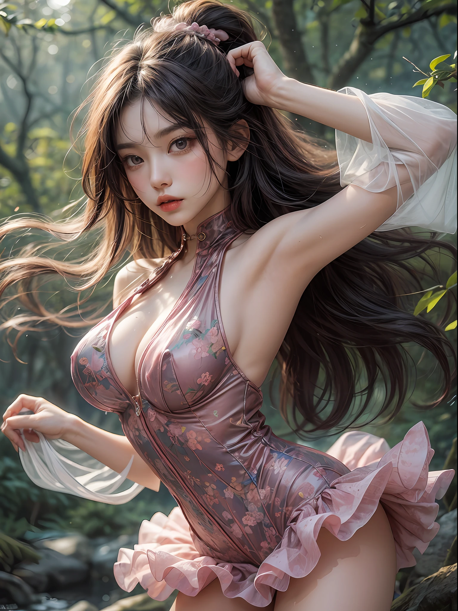 Holding a large see-through stole with pale pink floral pattern with both hands、Swaying in the wind。dark color、shackle、Halter Neck Bodysuit、Rubber Suit Corset、garterbelts、Upper eye、light-colored skin and loose navel skin,,,,,,,,,,,,,,,,,,。Skirt flutters in the wind and spreads。Dynamic Posing。Dancing Poses。
Loose clothing shows shoulders。Very beautiful girl at 19 years old。
Hair swaying in the wind。 masutepiece、Best Photoreal、portlate、Sheer clothing、wetted skin、Wet hair、Sexy look、Functional、Bewitching、Clothes with an open back、Oblique composition、Waterfall in the forest、Big hair ornament、Medium chest、Navel Ejection、Shiny knee-high socks、Bold open chest clothes、、hair adornments、
