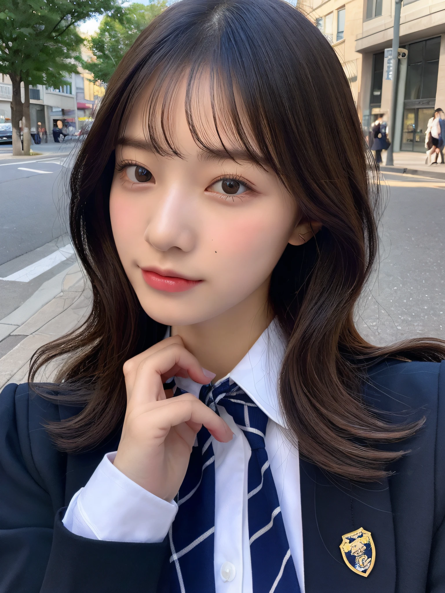 ((top-quality、8K、​masterpiece：1.3))、foco nítido：1.2、Beautiful schoolgirl in perfect style：1.4、Slender Abs：1.2、((cabelos preto e longos、small tits：1.2))、(natural soft light、City Street:1.1)、Highly detailed facial and skin texture、A detailed eye、二重まぶた、((Uniform 1.5))、tits out