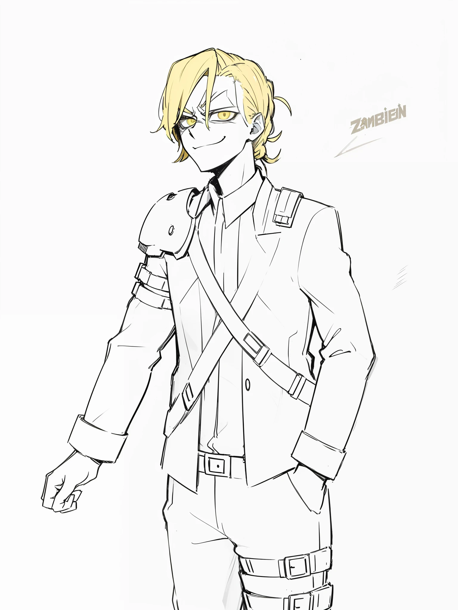 badass, antagonist, blonde hair, yellow pupil, 1boy, smug, smile, zombie gear, armored shoulder, green jacket