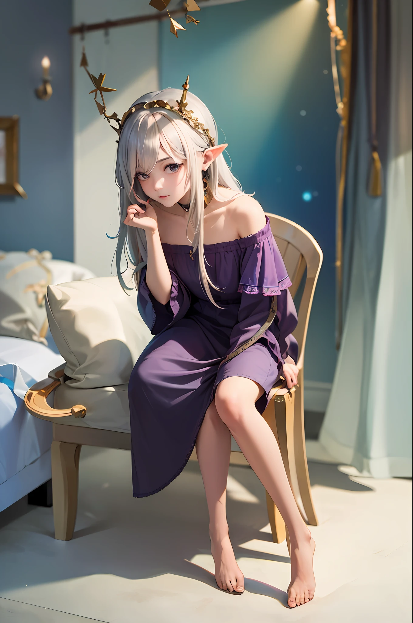 Best quality, highly detailed, masterpiece, ultra detailed, (reality: 1.2), 1 girl, (white background), simple background, delicate eyes, silver hair, purple eyes, hair_ornament, (white off-the-shoulder shirt: 1.3), long hair, pointy_ears, crown_braid, expressionless, straight hair, (++ sitting: 1.2), room,