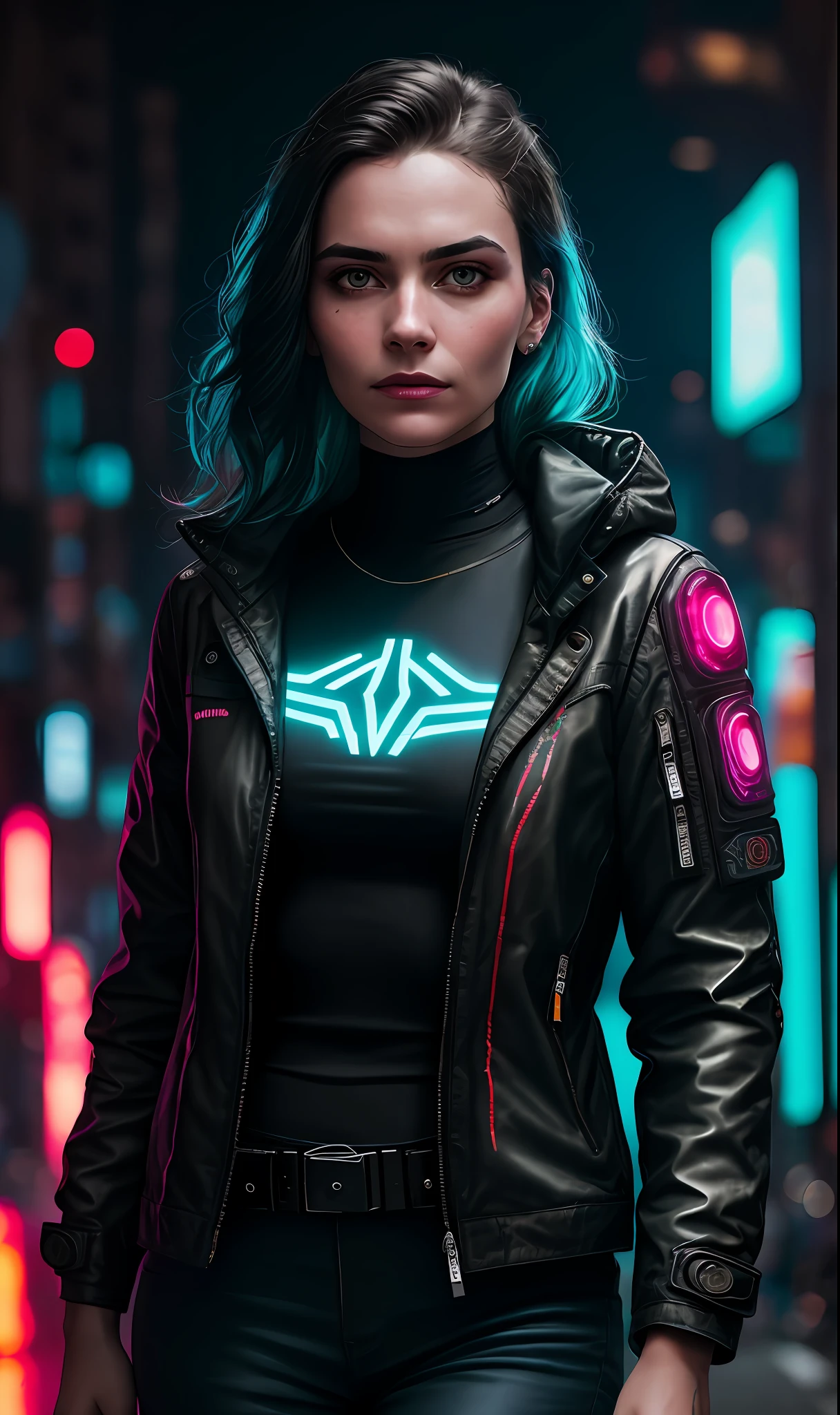 cyberpunk portrait photography, beautiful young woman looking off camera in glowing futuristic jacket, super realistic face, eyes visible through hair, proper eye position, natural skin, soft light, rim light, hips, in road side, detailed background, intricate , highly detail, octane render, HD, 8k, by Annie Leibovitz,120mm
