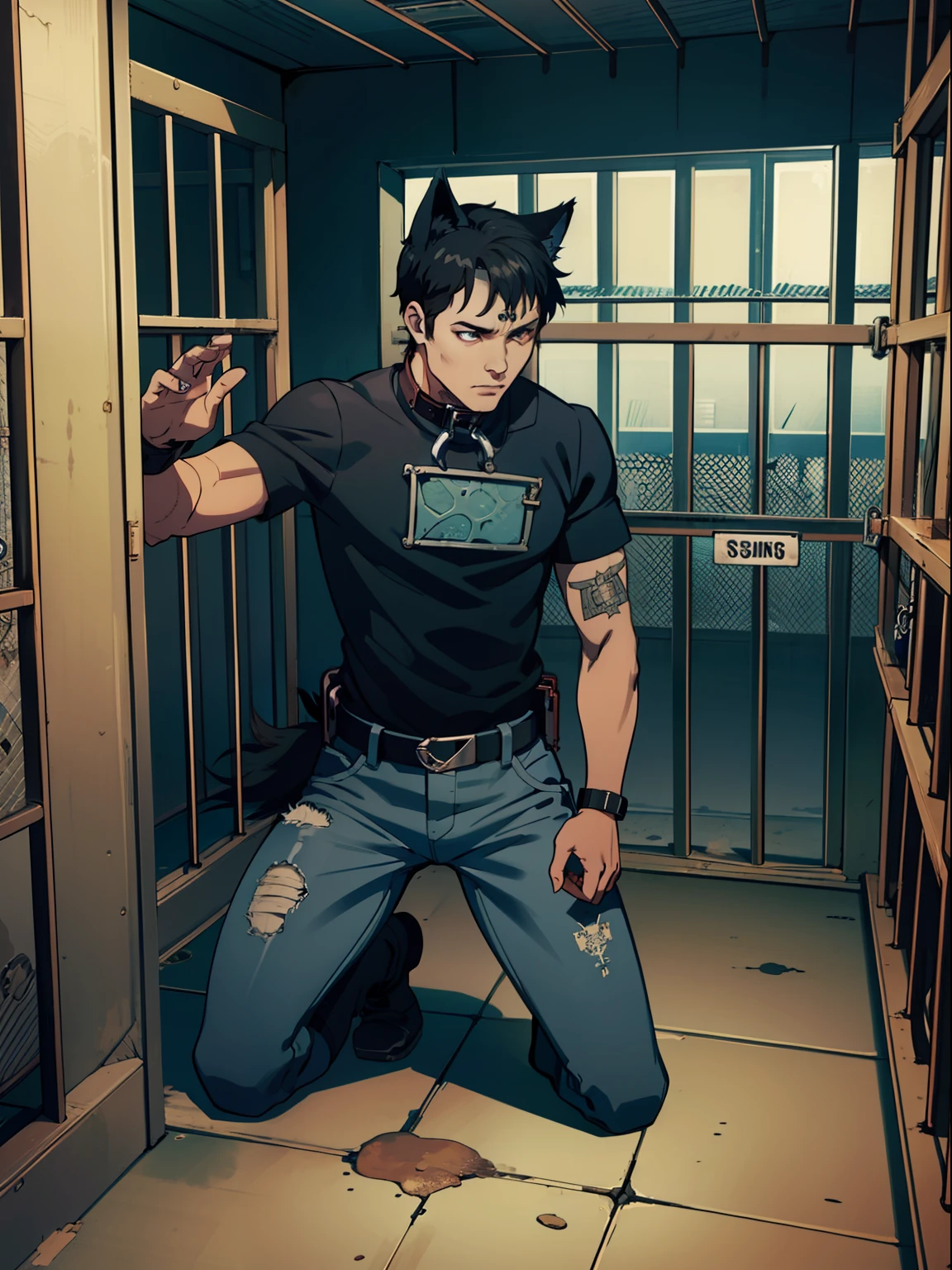 (1man), (adult wolf-guy), fullbody, animal ears, (wolf ears), animal tail, (short black hair), colorful eyes, (black colored t-shirt), jeans pants, seat on knees, wearing (big futuristic metal slave collar:1.2), head down, captured, accurate, Masterpiece, High Details, high quality, high resolution, 1080p, anatomically correct, Textured skin, ((prison cell:1.75) background), dark light, dark ambient, (dark room:1.25)