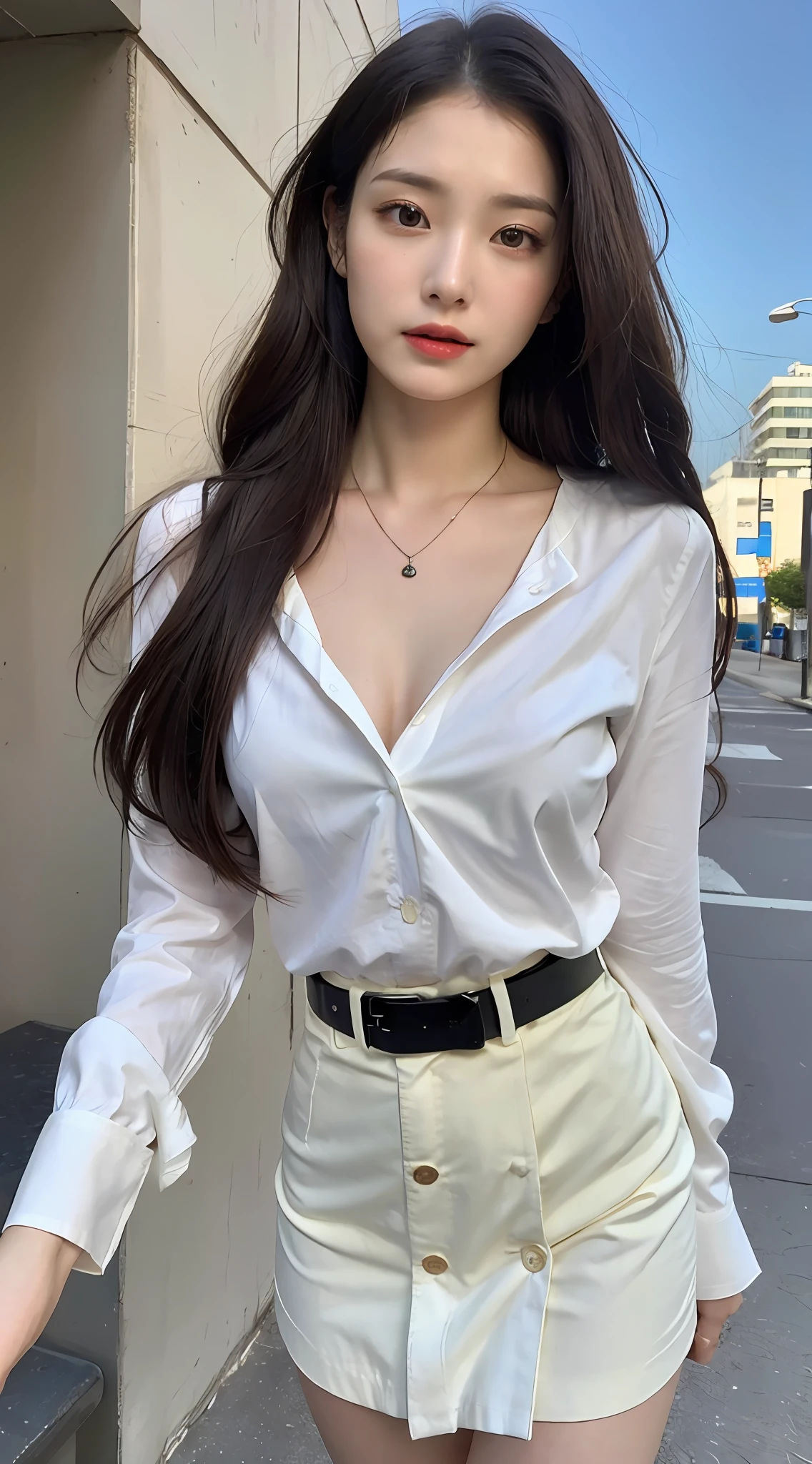 （high high quality，A high resolution，tmasterpiece：1.3），Tall and beautiful woman，Slender abs，Dark brown hair，Loose waves，boobgasm，Wear a pendant，white button-down blouse，obi strip，a black skirt，（Modern architecture in background），Beautiful rendering details of face and skin textures，Detailed eyes，二重まぶた，no brassiere，The shirt is suitable for bare skin，From above, see the button unfastening