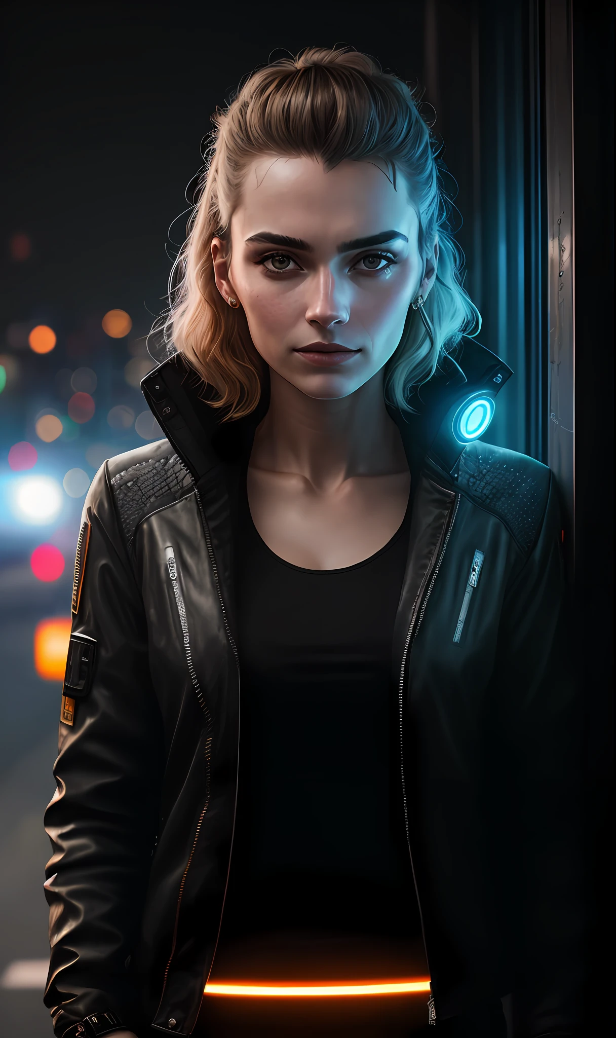 cyberpunk portrait photography, beautiful young woman looking off camera in glowing futuristic jacket, super realistic face, eyes visible through hair, proper eye position, natural skin, soft light, rim light, hips, in road side, detailed background, intricate , highly detail, octane render, HD, 8k, by Annie Leibovitz,120mm