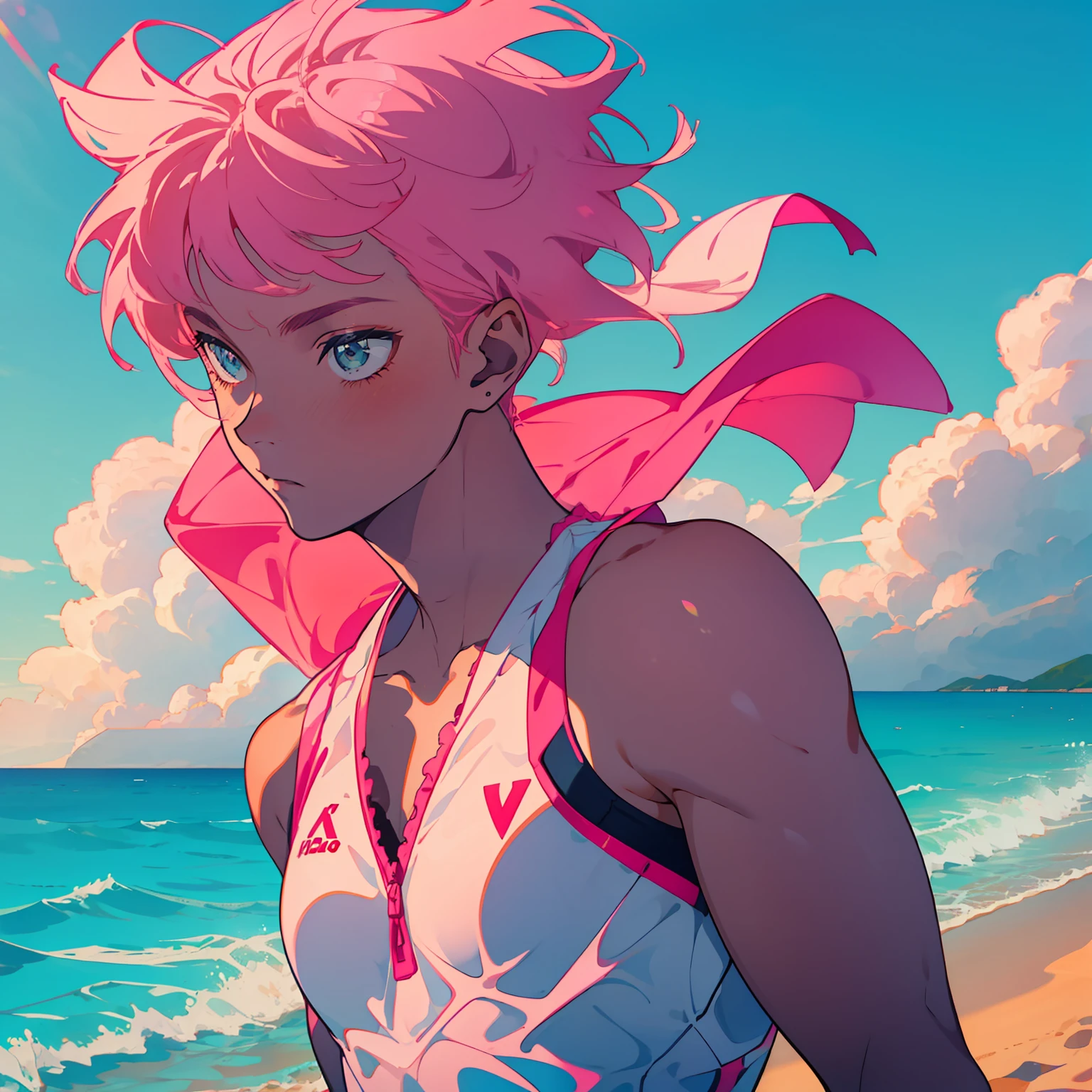 A ager playing volleyball by the sea,Sunny and handsome,Short pink hair,Tall guy,Strong arms,Wear a one-piece swimsuit,The hairstyle is blown up by the wind,Play volleyball,messy hair,adolable