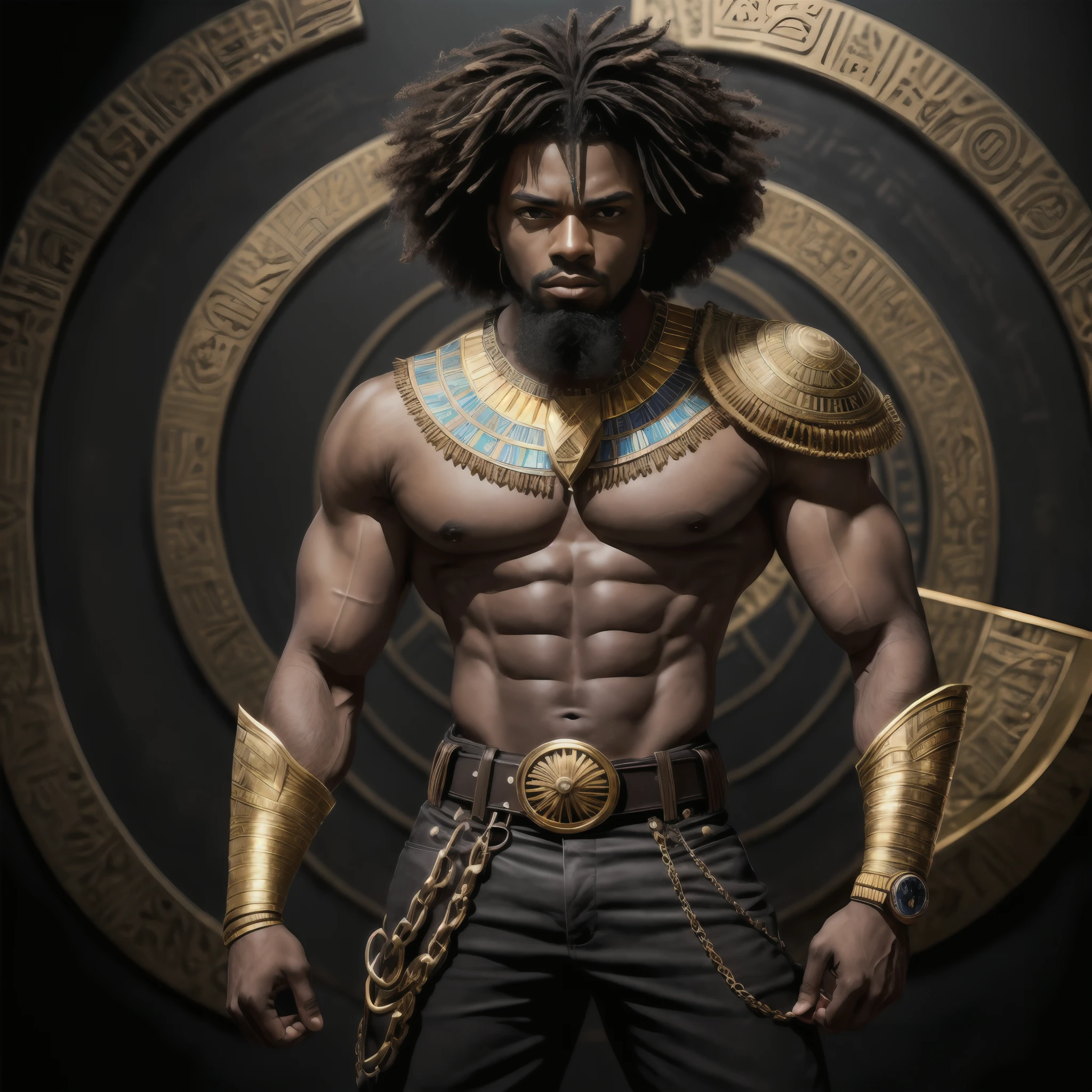 arafed man with a beard and a gold belt standing in front of a circular background, brown skin man egyptian prince, black thor, kemetic, african mythology, african steampunk alchemist, picture of an adult male warrior, djinn human hybrid, storm egyptian god, male warrior, wakanda, a black man with long curly hair, dark skin female goddess of love