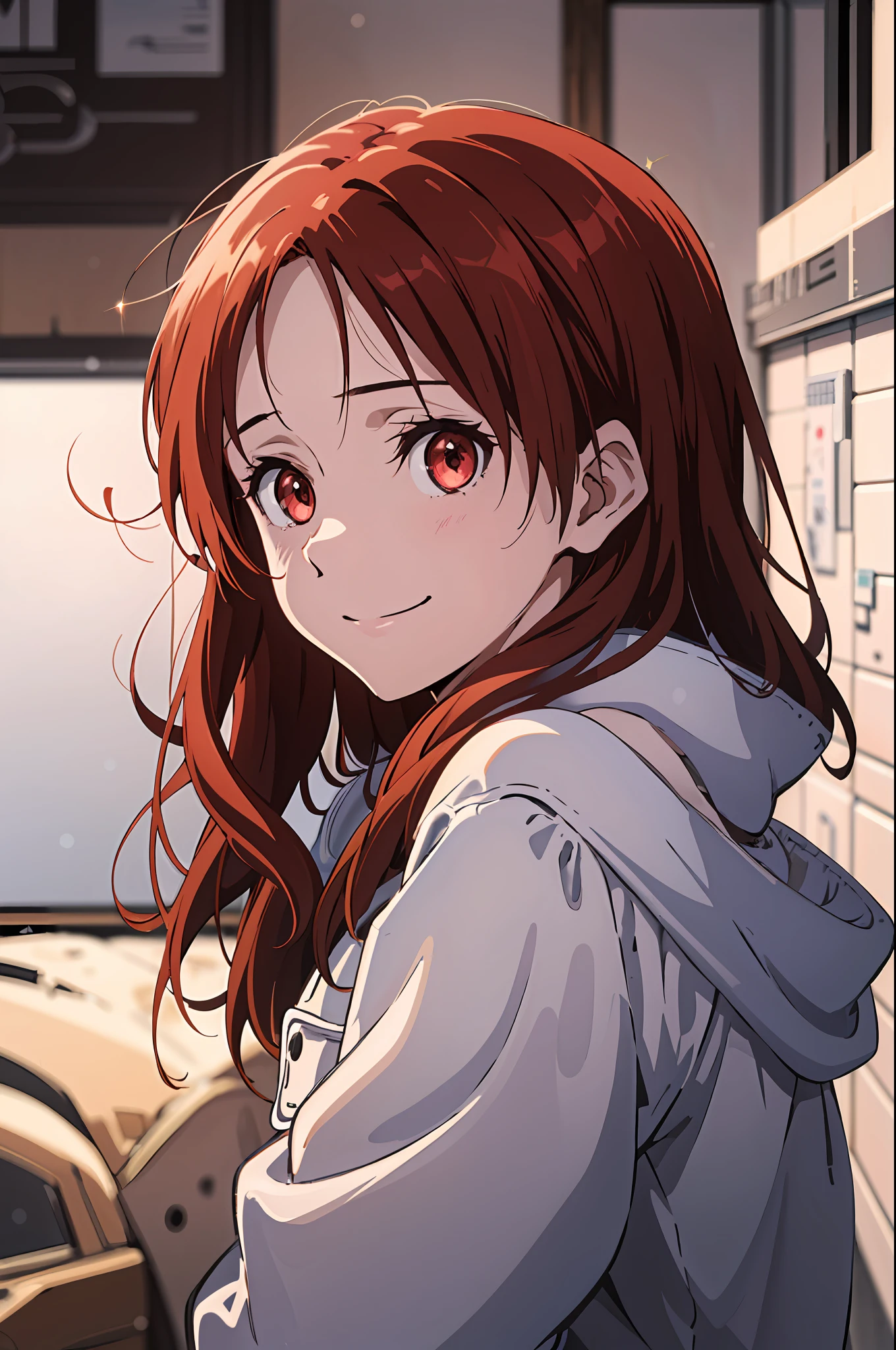 (highres, best quality:1.2), 1girl, 1girl, sparkling eyes, radiance, soft contours, beautiful drawing, upper body, concept art, eyelashes, minna dietlinde wilke, long red hair, red eyes, shy smile, winter, snow, coat, rosy cheeks, kyoani hyouka style