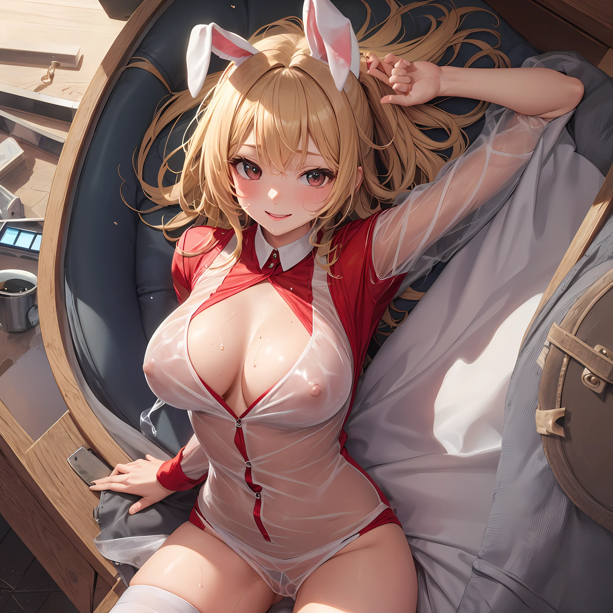 - [ ] (See-through:1.5), Masterpiece, Best Quality, Ultra High Definition, Maximum Resolution, Very Detailed, Clean Skin, Anime, Full Body, Slender, Very Cute, Young Face, 14 Year Old Girl, Nipple See-through, Open, Vaginal Opening Visible, Labia Minora, White Liquid, Lying Down, Wide Open Legs, Open Knees, Raised Legs, Hand Clothes, Red Clothes, Flipping White clothes, Rabbit ears,Knee socks, Semi-undressing, Wet clothes, Wet body, Thin skin clothes, Clothes with visible chest tips, sweat, Lower breasts, Embarrassing, Blushing, Smile, Show off, cleavage, crotch shows through --auto
