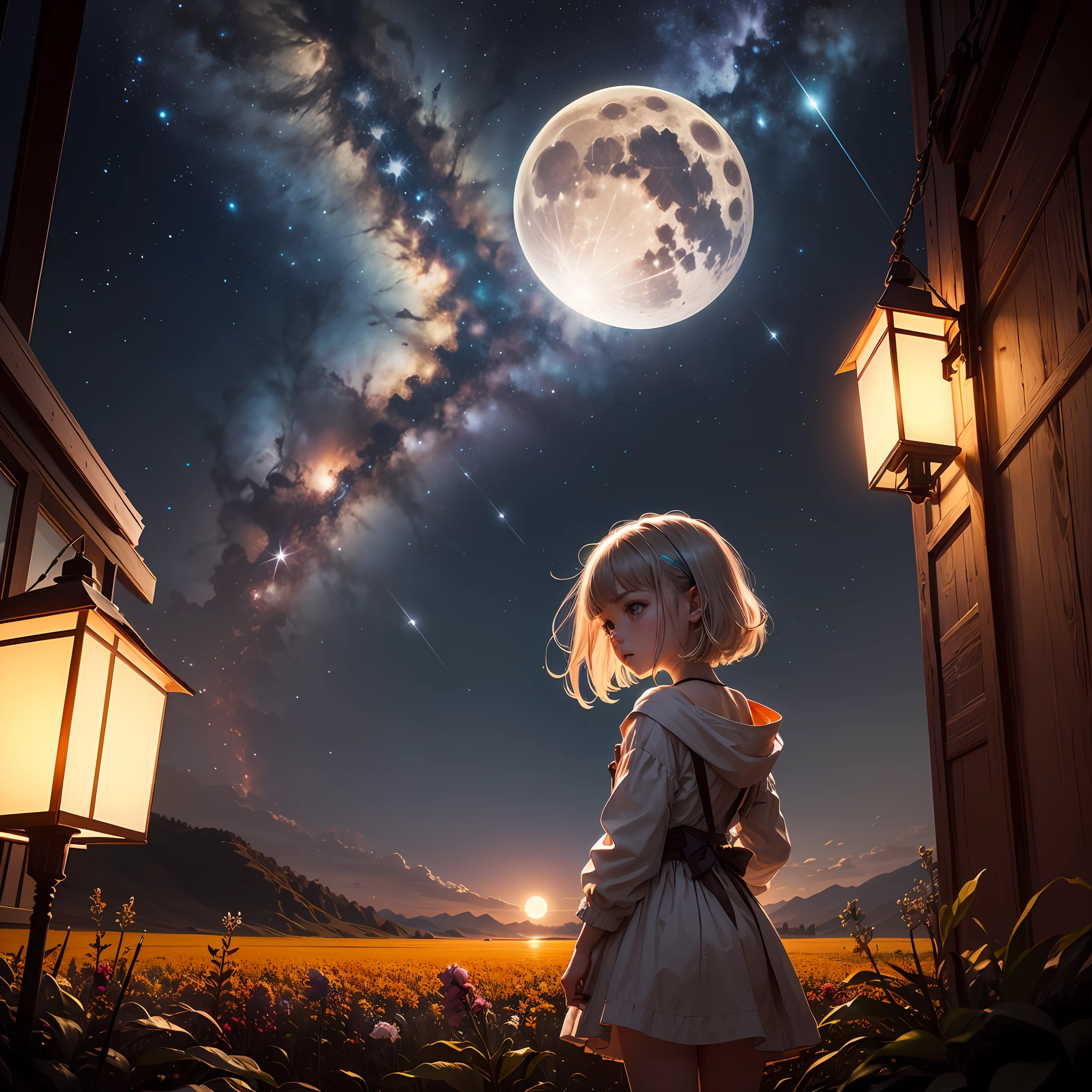 Expansive landscape photograph, (view from below with a view of the sky and the wilderness below), little girl standing in a flower field looking up, (full moon: 1.2), (shooting star: 0.9), (nebula: 1.3), distant mountain, tree break production art, (warm light source: 1.2), (firefly: 1.2), lamp, purple and orange, intricate detail, volume lighting BREAK (masterpiece: 1.2), (highest quality ), 4k, ultra-detailed, (dynamic configuration: 1.4), highly detailed and colorful details (iridescent: 1.2), (sparkling lighting, atmospheric lighting), dreamy, magical, (solo: 1.2)