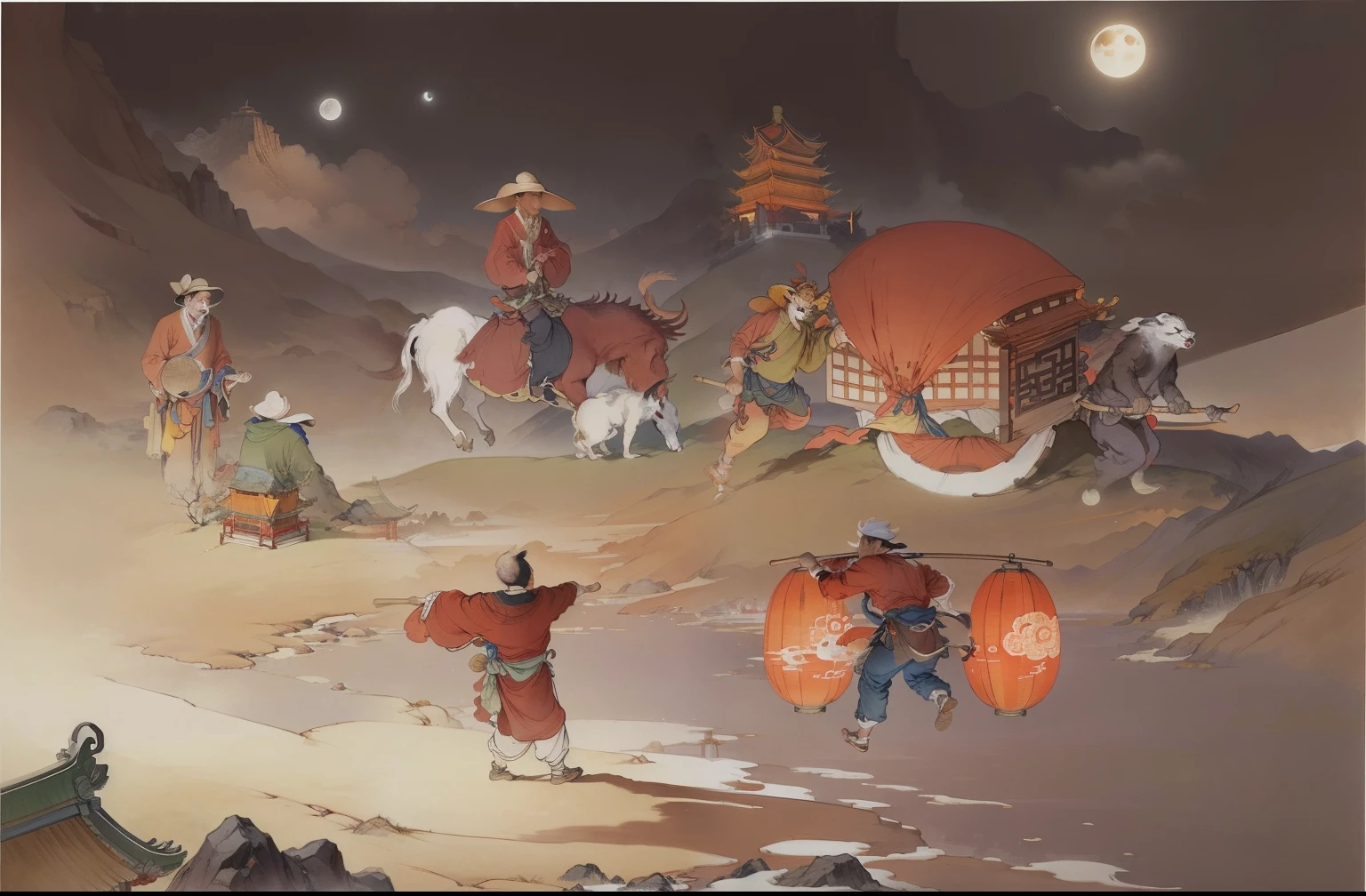 Ancient Chinese landscapes,Ancient buildings,Pavilions,Carved beams and paintings,enchanting scenery,Night,Moon light,Layered, Rich light and shadow,Mid-Autumn Festival, Ink painting style,clean color,Low-saturation colors,Colors of low brightness,Decisive cut,Leave white space,impressionistic,tmasterpiece,ultra - detailed,Epic composition, HighestQuali,hyper realisitc,Art germ --v 6