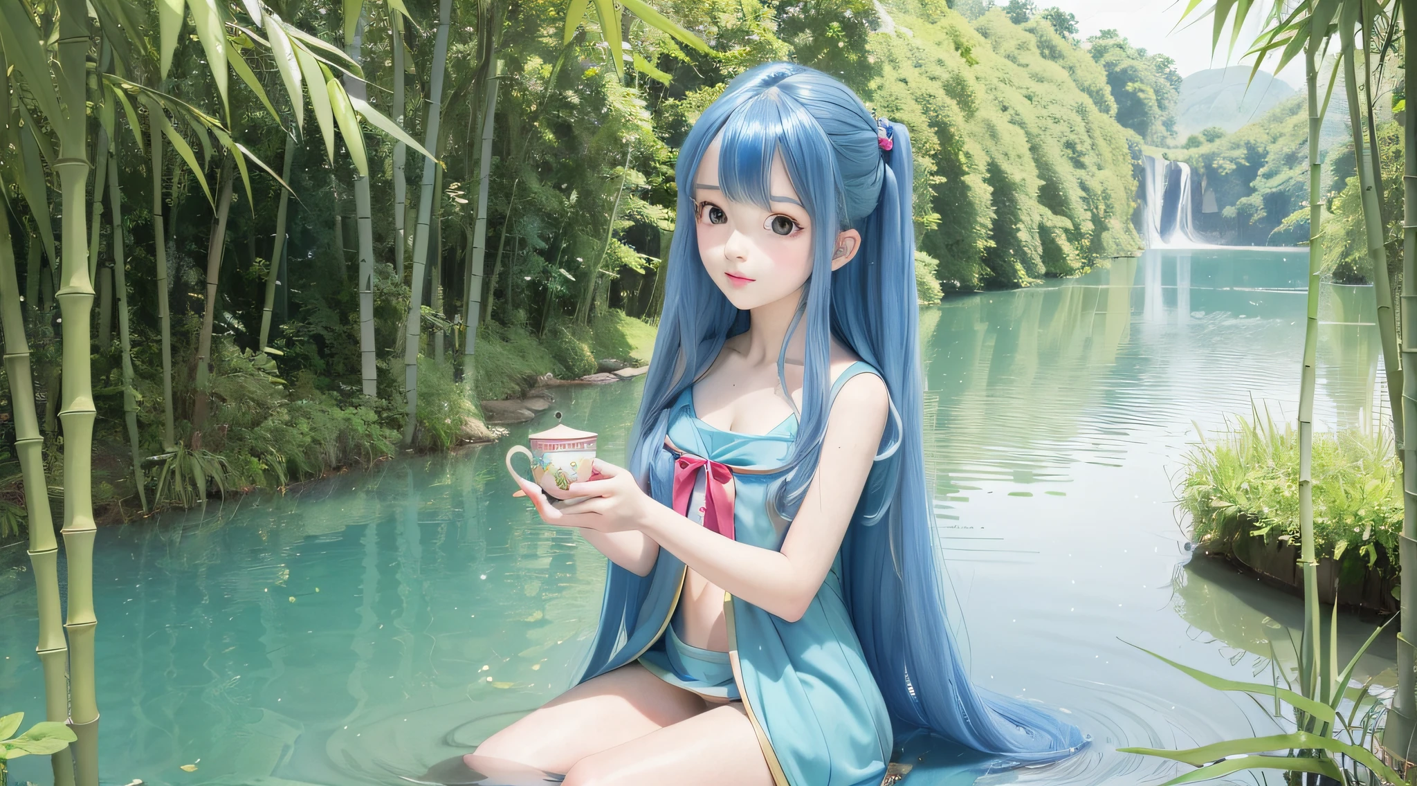 Masterpiece, Best Quality, Official Art, 8k Wallpaper, Very Detailed, Illustration, 1 Girl, Sky Blue Hair, Long Hair, Detailed Eyes, Forrest Gump, Bare Shoulders, Hanfu, Lake, Pure, Soft Smile, bamboo, tea