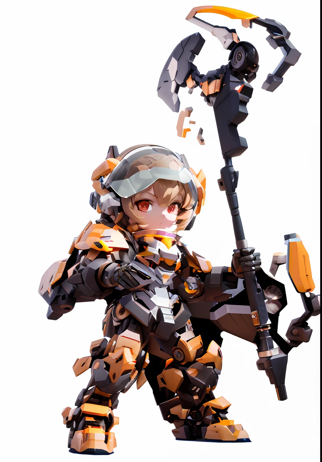 Close-up of a toy character of a man holding a weapon, anime robotic mixed with organic, girl in mecha cyber armor, render of a cute 3d anime girl, Mechanized Valkyrie girl, Cute cyborg girl, mechanized witch girl, female mecha, 3 d render official art, 4 k octan render, Fully robotic!! Girl, mechanized soldier girl