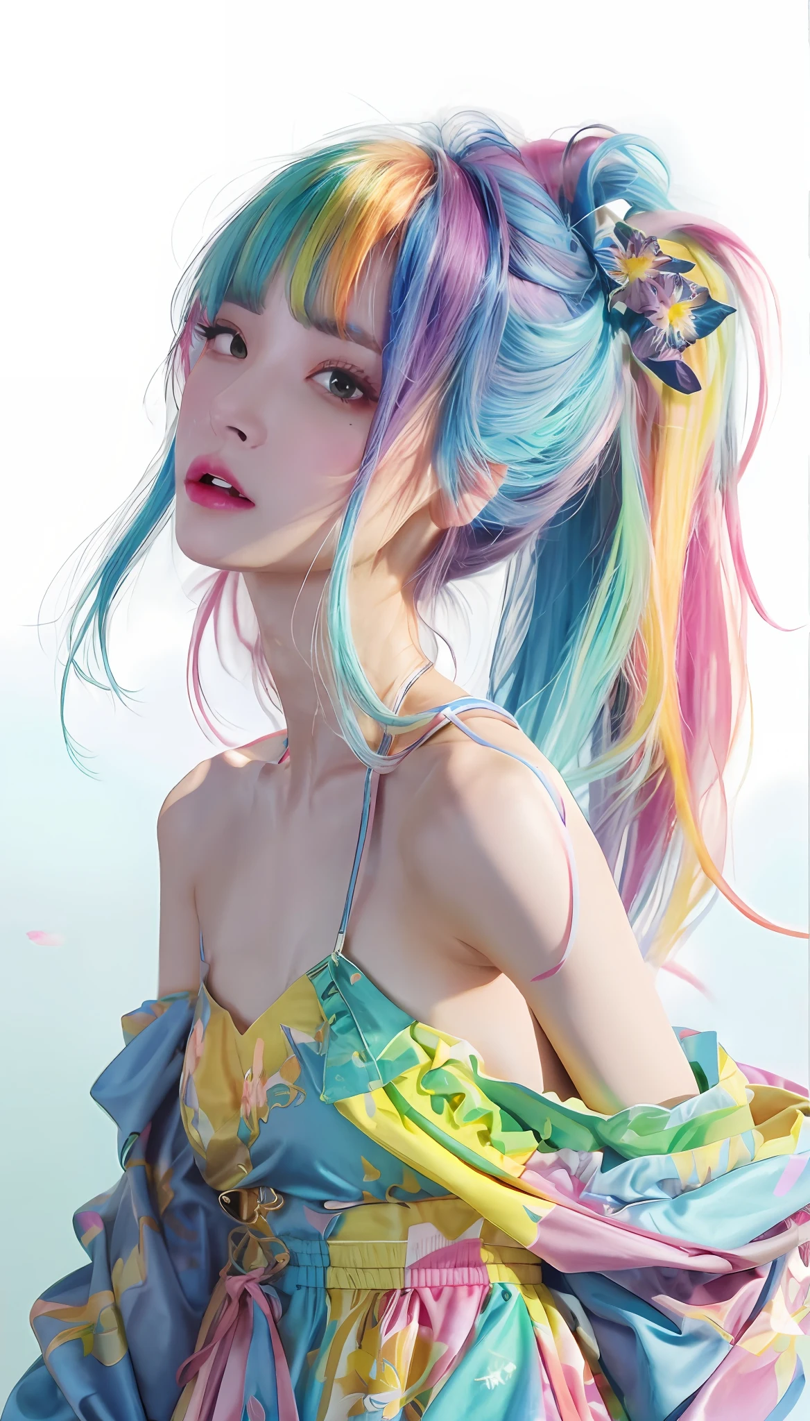 ((ultra - detailed)),((eyes with brightness)),(Detailed eyes),8K,winking,,((Realistic skin)),((Focus detail 2 straps on the shoulders of the clothes)),((Shiny facial skin)),Colorful hair and colorful dresses,Ross La cartoon is vibrant,,beautiful portraits,The artistic germ is rich and colorful!!!, !Dream Artgerm, Garden background blurred