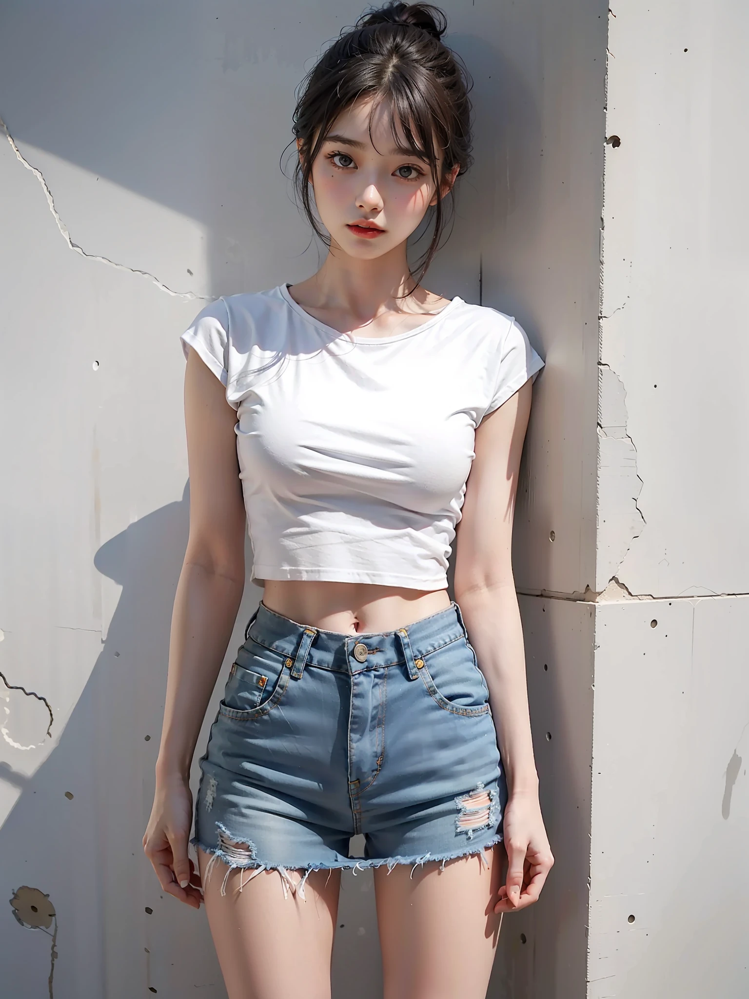 Best quality, full body portrait, delicate face, 18 year old girl, slim figure, small bust, white crop top T-shirt, waist pink denim skirt, gymnasium scene, standing tall