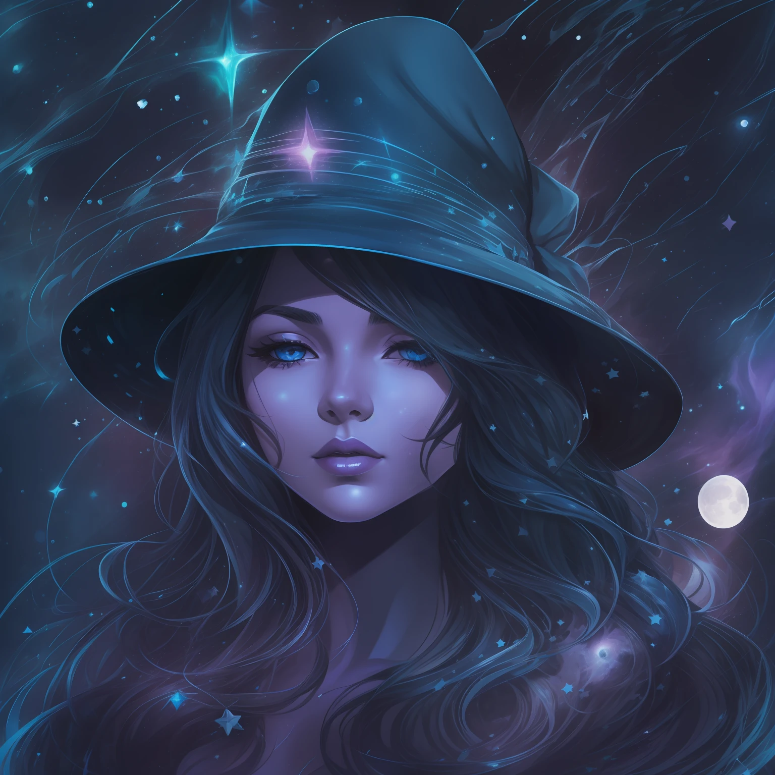 high quality, stary night blue black beautiful magical woman, magic hat, splash arts, aesthetic for Tshirt design, highly detailed, darktone