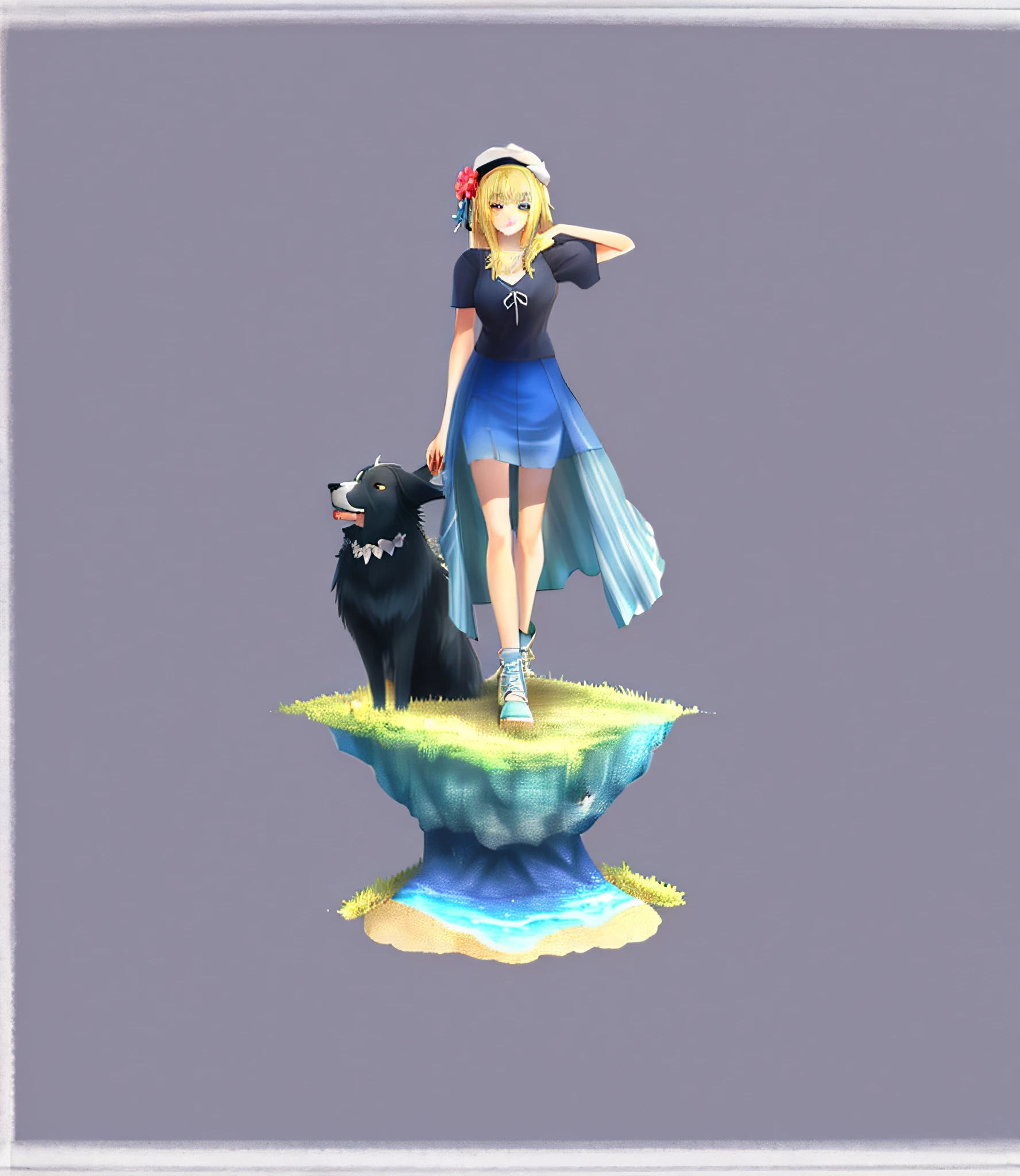 Girl blue striped long skirt flower sea border collie