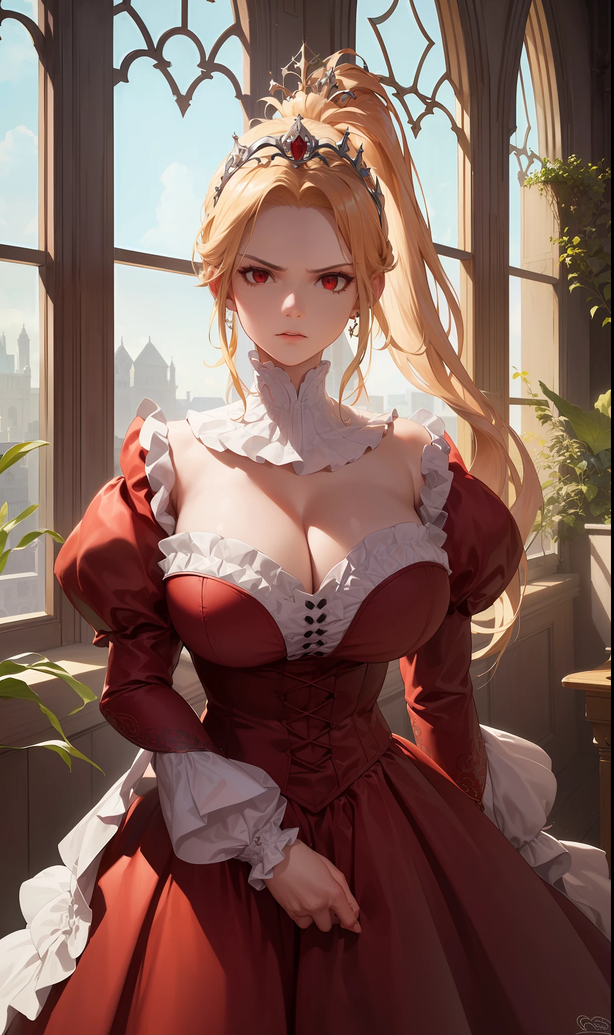 (Masterpiece, Best Quality, High Quality, Highres:1.4), Detailed, Extremely Detailed, Ambient Soft Lighting, 4K, Ornate,

Indoors, (Renaissance, Vintage:1.4), Plants, Window,

1Gril, (Solo:1.4), (Milf:1.2), Standing, Upper Body, (Face Focus:1.2),

(Extremely Detailed Hair:1.2), Blonde Hair, Long Hair, Long Sidelocks, Bangs, (Hair Intakes, High Ponytail:1.4),

Expressionless, Emotionless, (Red Eyes, Glaring, Contempt, Disgust, Looking at Viewer:1.2),

Curvy, Huge Breasts, Skindentation, (Bursting Breasts:1.2), 

(Tiara:1.2), Crown, (Cleavage, Strapless, Red Dress, Frilled Dress, Long Skirt, Puffy Skirt, Puffy Sleeves, Juliet Sleeves, Long Sleeves:1.2), Jewelry,