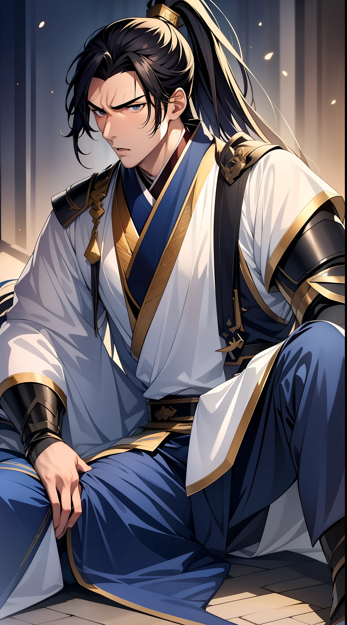 quadratic element，style of anime，1 man（Male Warrior），solo person，closeup of face，High ponytail hairstyle，perspired，White Hanfu，longer sleeves，Wear arm guards、Armour，blue colored eyes（eyes glowing），cabelos preto e longos，Sweat on the face，Handsome，（juvenile sense），Clothing is complicated，Refinement，high qulity，higher details，a sense of atmosphere，facial closeups，