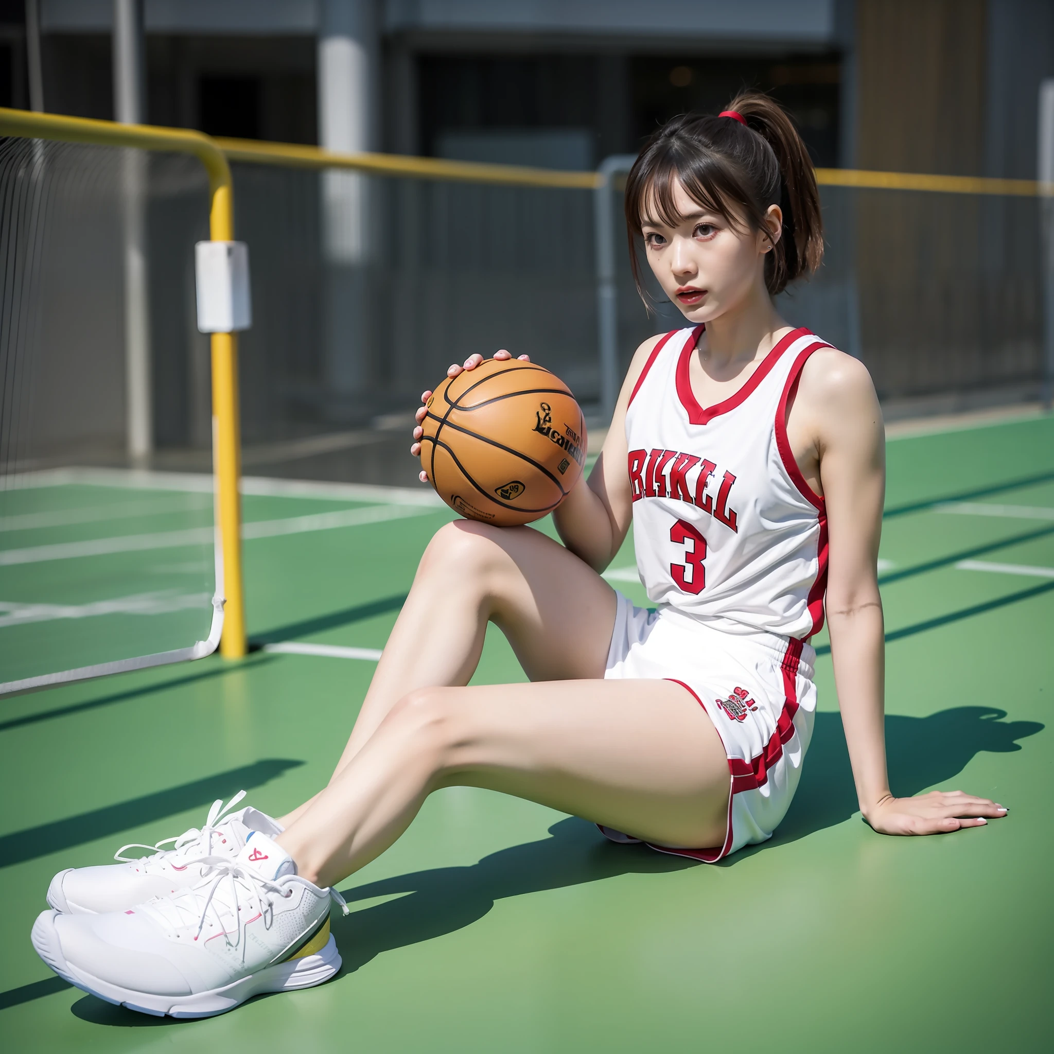1 girl , realisticlying, best qualityer, basketball playground((Eye makeup))(((basketball suit))),(((Serious expression: 1.4)),full bodyesbian, (sweat leggs), Low flash, (20yr old), ((Slimmer figure: 1.5)), ((Nice hairstyle: 1.5)))),((((Basketball shoes)))),((((Toes))))
