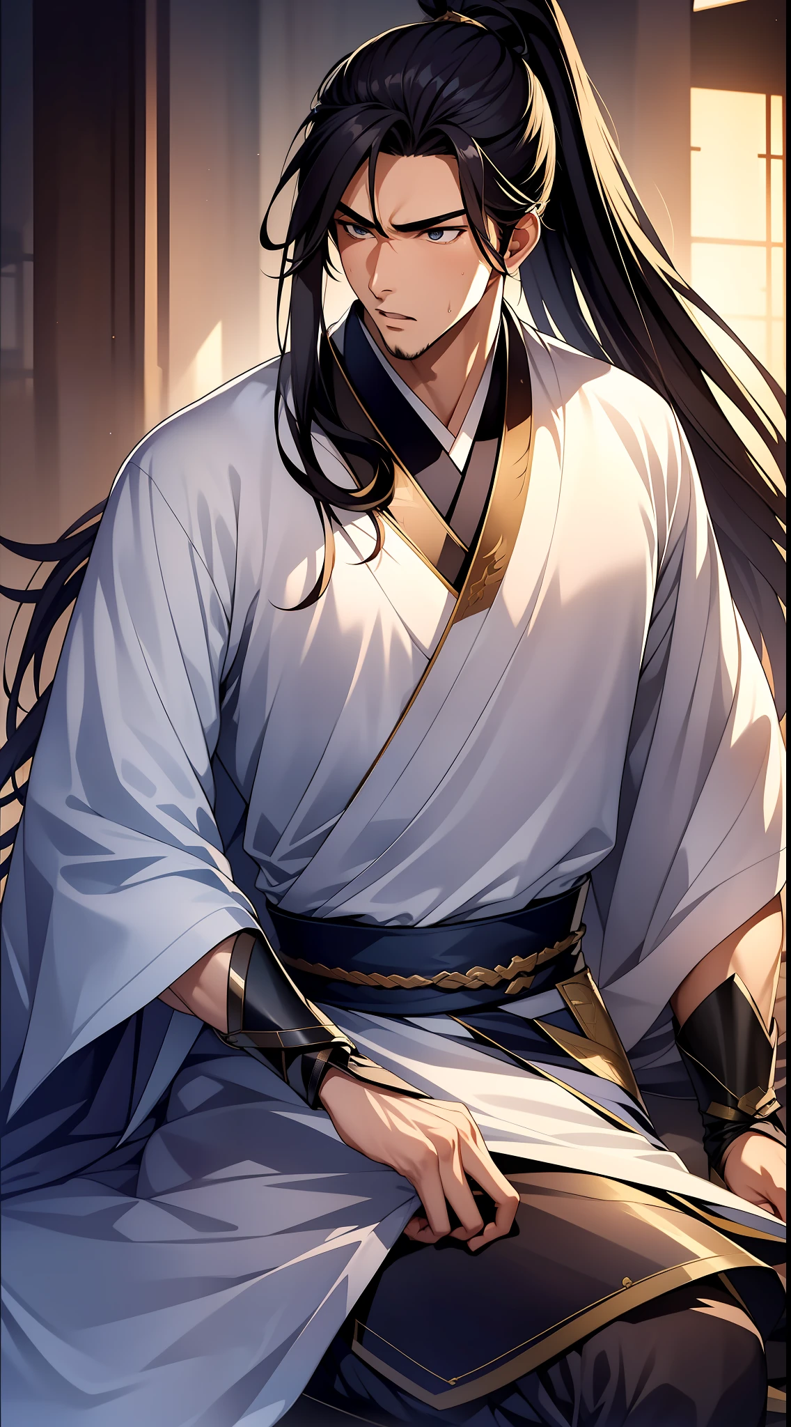 quadratic element，style of anime，1 man（Male Warrior），solo person，closeup of face，High ponytail hairstyle，perspired，White Hanfu，longer sleeves，Wear arm guards、Armour，blue colored eyes（eyes glowing），cabelos preto e longos，Sweat on the face，Handsome，（juvenile sense），Clothing is complicated，Refinement，high qulity，higher details，a sense of atmosphere，facial closeups，