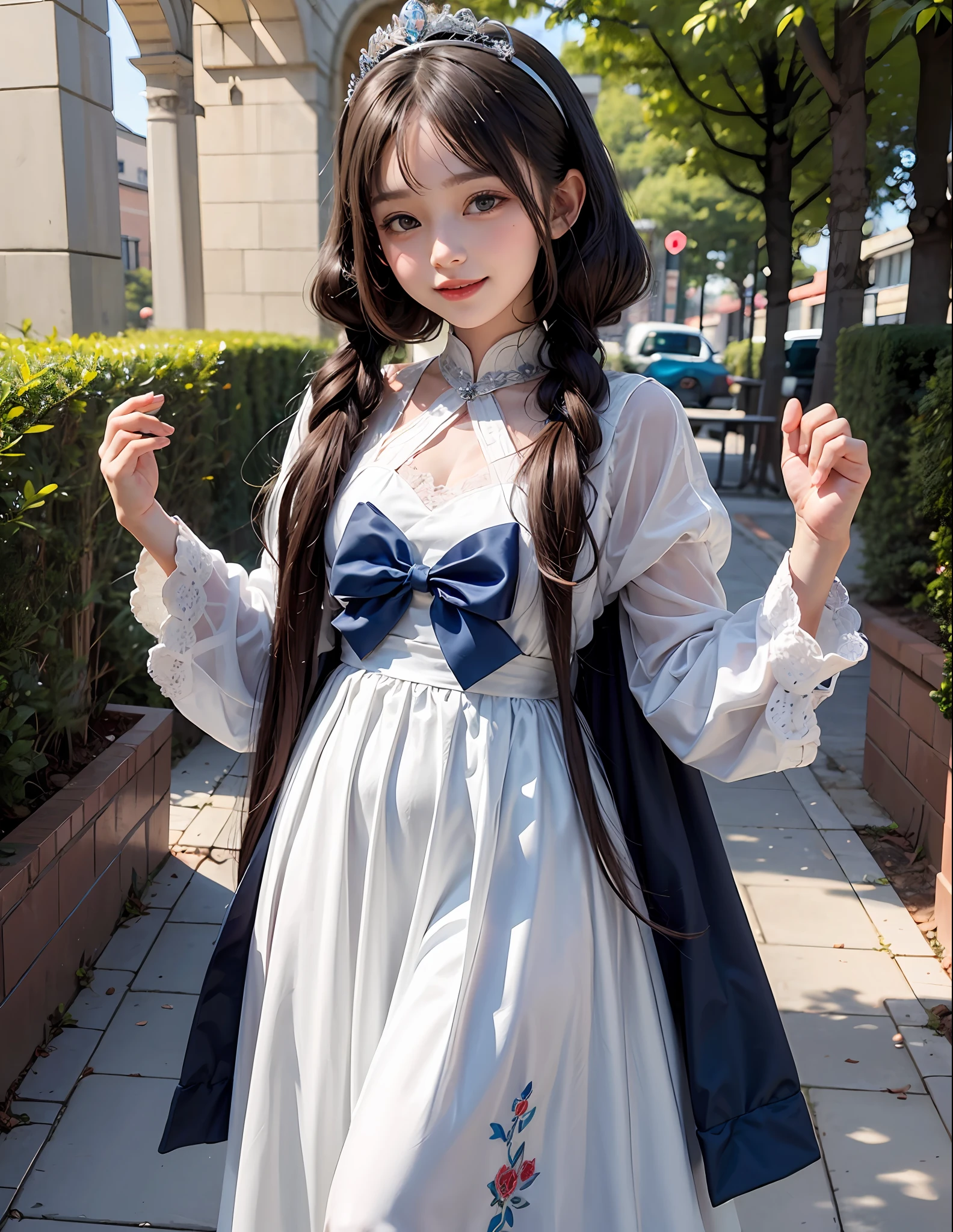 1Blittle girl,twintails,brunette color hair,By bangs,White embroidered long dress,Blue bow,9-year-old female model,Princess,crown,Smile,