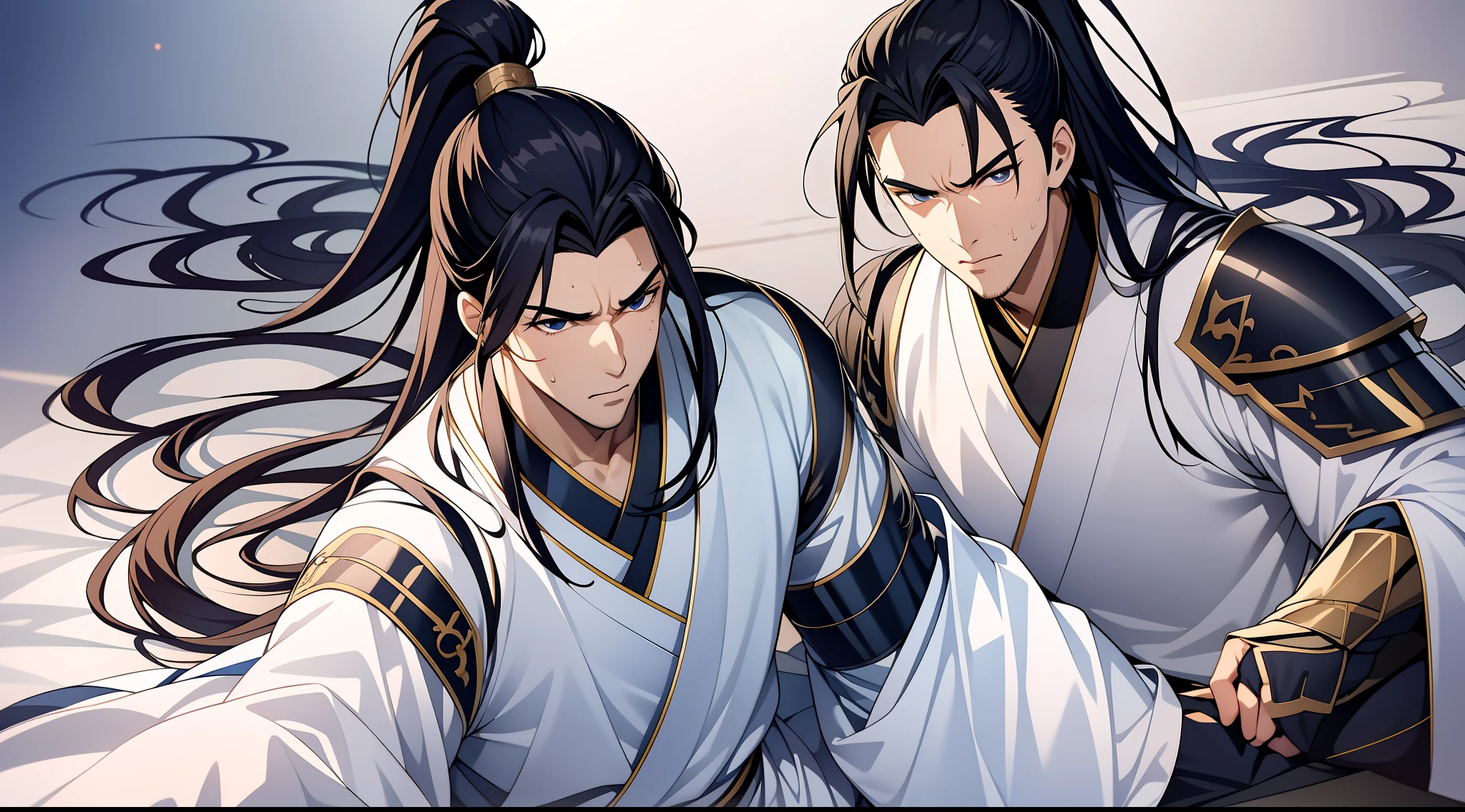 quadratic element,style of anime,1 man(Male Warrior),solo person,closeup of face,High ponytail hairstyle,perspired,White Hanfu,longer sleeves,Wear arm guards、Armour,blue colored eyes(eyes glowing),cabelos preto e longos,Sweat on the face,Handsome,(juvenile sense),Clothing is complicated,Refinement,high qulity,higher details,a sense of atmosphere,facial closeups,