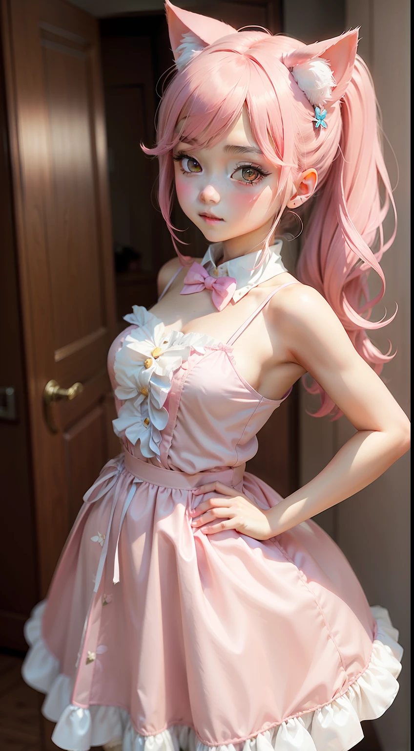 Anime - style girl in pink dress with cat ears and bow tie, small curvaceous loli, loli in dress, cosplay of a catboy! maid! dress, Loli, cosplay, Anime girl cosplay, Anime cosplay, Maid dress, cosplay foto, belle delphine, lollipop, Ayaka cosplay, Sakura Kinomoto, Also, ((Pink))，Big breasted double ponytail girl