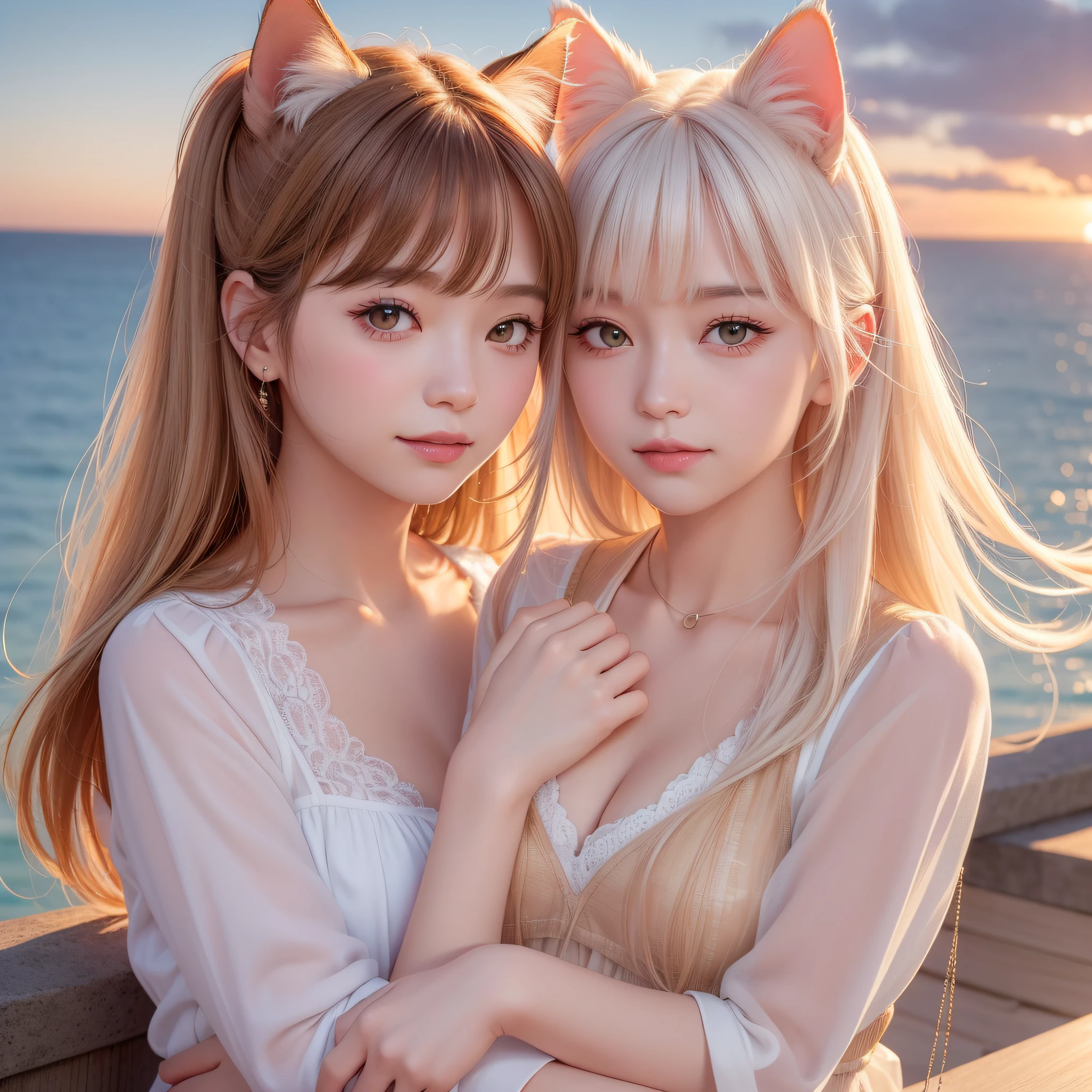 (Best Quality:1.5), (Detailed CG), (High resolution:1.5),Super close up of white cat next to female face、White cat next to the face of the queen of the cat-eared country、White cat next to the face of a girl with cat ears、White cat next to face closeup、Close-up RAW photos, (lipgloss、Eye lashes、Shiny face、shinny skin、best qualtiy、超A high resolution、depth of fields、chromatic abberation、Caustics、Wide range of lighting、Natural Shading)、Beautiful sunset sea spreads out in the background。The sea is calm and quiet、The light of the setting sun reflects off the surface of the water and shines。Beautiful orange and pink color of sky、The beauty of the sunset envelops the whole。In the center of the photo is、The face of a cute girl with cat ears is projected。She was smiling with a calm expression.、Shining in the sunset light。Her eyes assimilated with the colors of the setting sun、Reflects soft orange and pink colors。Eta、There was a white cat beside her.、It's dusk with her。The cat seems to be her best friend、Makes you feel trust and peace。Its white fur shines in the light of the setting sun.、You may look like an angel。This photo is、Adorable cat-eared girl and white cat、Capture the happy moment of the sunset with the beautiful sunset of the sea.、Give viewers a warm impression and a sense of security.。It is a scene that combines the beauty of nature with kindness.....、It will be a special moment that will remain in your mind。