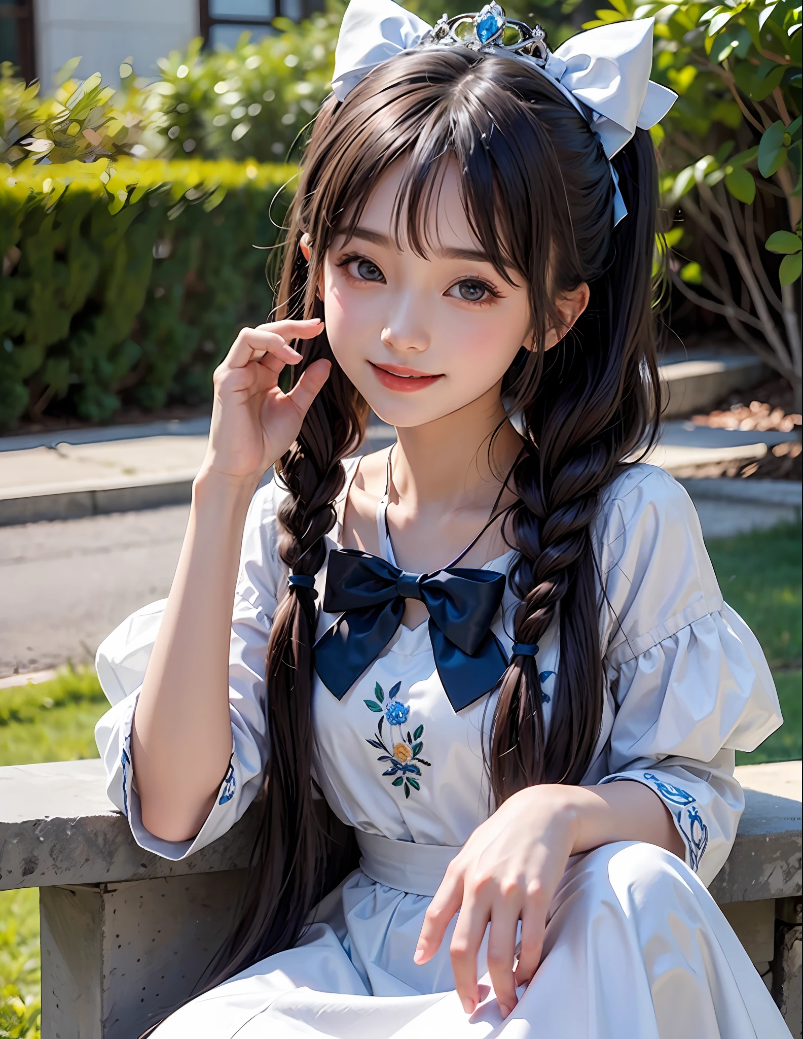 1Blittle girl,twintails,brunette color hair,By bangs,White embroidered long dress,Blue bow,9--old ale model,Princess,crown,Smile,