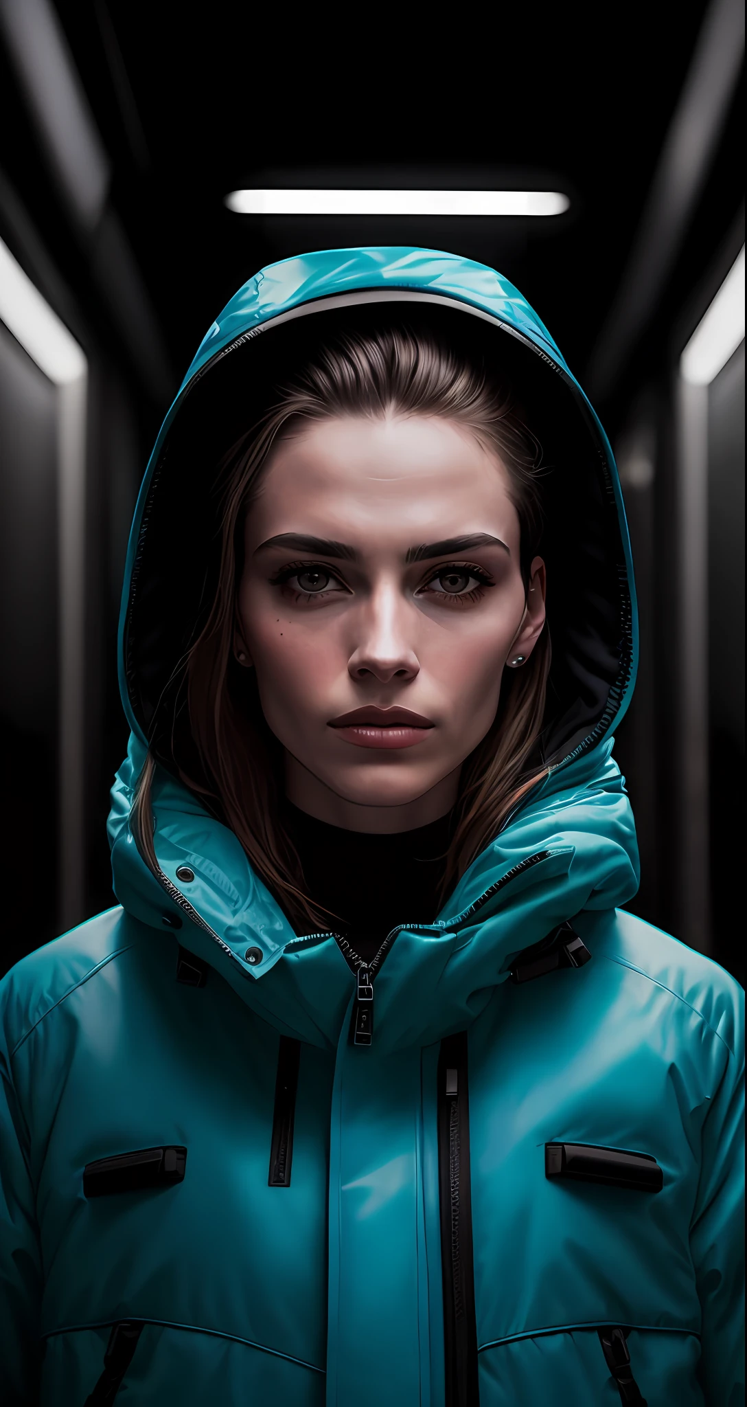 fotografia de retrato cyberpunk, Beautiful young woman looking out of camera in bright futuristic blue jacket , rosto super realista, eyes visible through the hair, proper eye position, pele natural, luz suave, luz de aro, quadris, no lado da estrada, fundo detalhado, intrincado, altamente detalhado, octano render, HD, 8k, por Annie Leibovitz, 120mm