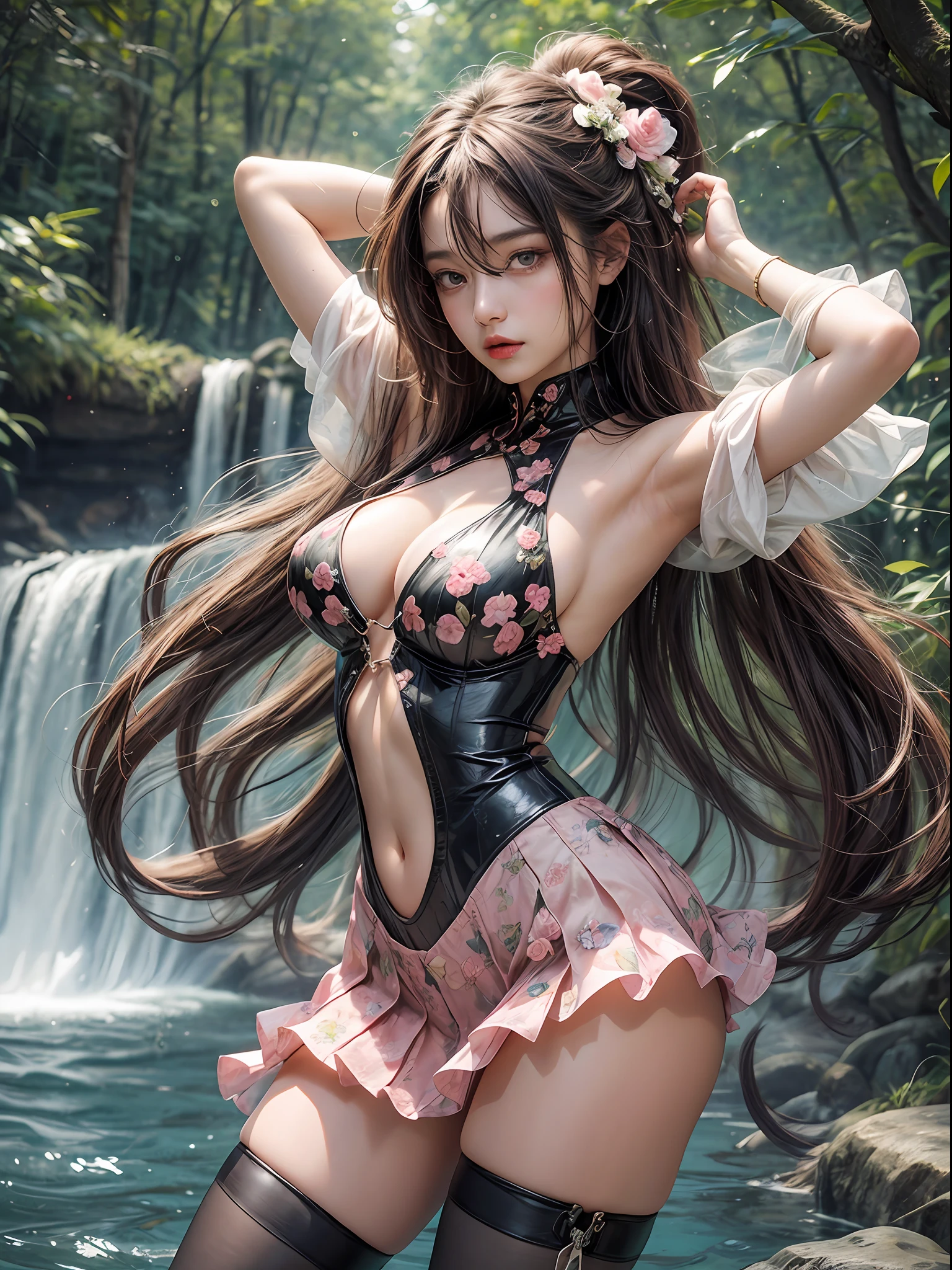 Holding a large see-through stole with pale pink floral pattern with both hands、Swaying in the wind。dark color、shackle、Halter Neck Bodysuit、Rubber Suit Corset、garterbelts、Upper eye、light-colored skin and loose navel skin,,,,,,,,,,,,,,,,,,,。Skirt flutters in the wind and spreads。Dynamic Posing。Dancing Poses。
Loose clothing shows shoulders。Very beautiful girl at 19 years old。
Hair swaying in the wind。 masutepiece、Best Photoreal、portlate、Sheer clothing、wetted skin、Wet hair、Sexy look、Functional、Bewitching、Clothes with an open back、Oblique composition、Waterfall in the forest、Big hair ornament、Medium chest、Navel Ejection、Shiny knee-high socks、Bold open chest clothes、、hair adornments、