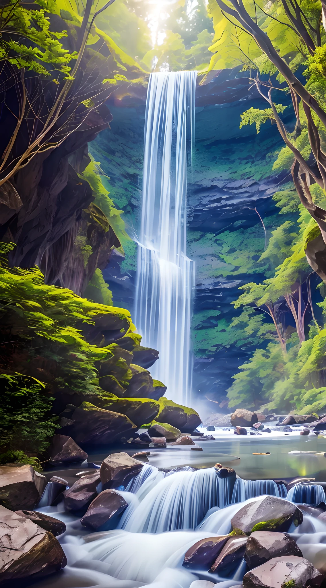 1girl, girl with very small proportions, wearing white dress, big waterfall, walking under the waterfall, (huge waterfall: 1.5), back to the audience, ethereal beauty, full body, (rainbow: 1.5), character ratio is only 1/8, lake surface, ((large grove)), Tyndall ray, realism, cinematic lighting, ray tracing, optical illusion, lens flare, 120mm, f/1.2, sony fe gm, ultra hd, retina, masterpiece, ((best quality)), ((masterpiece)), (Very detailed: 1.3)