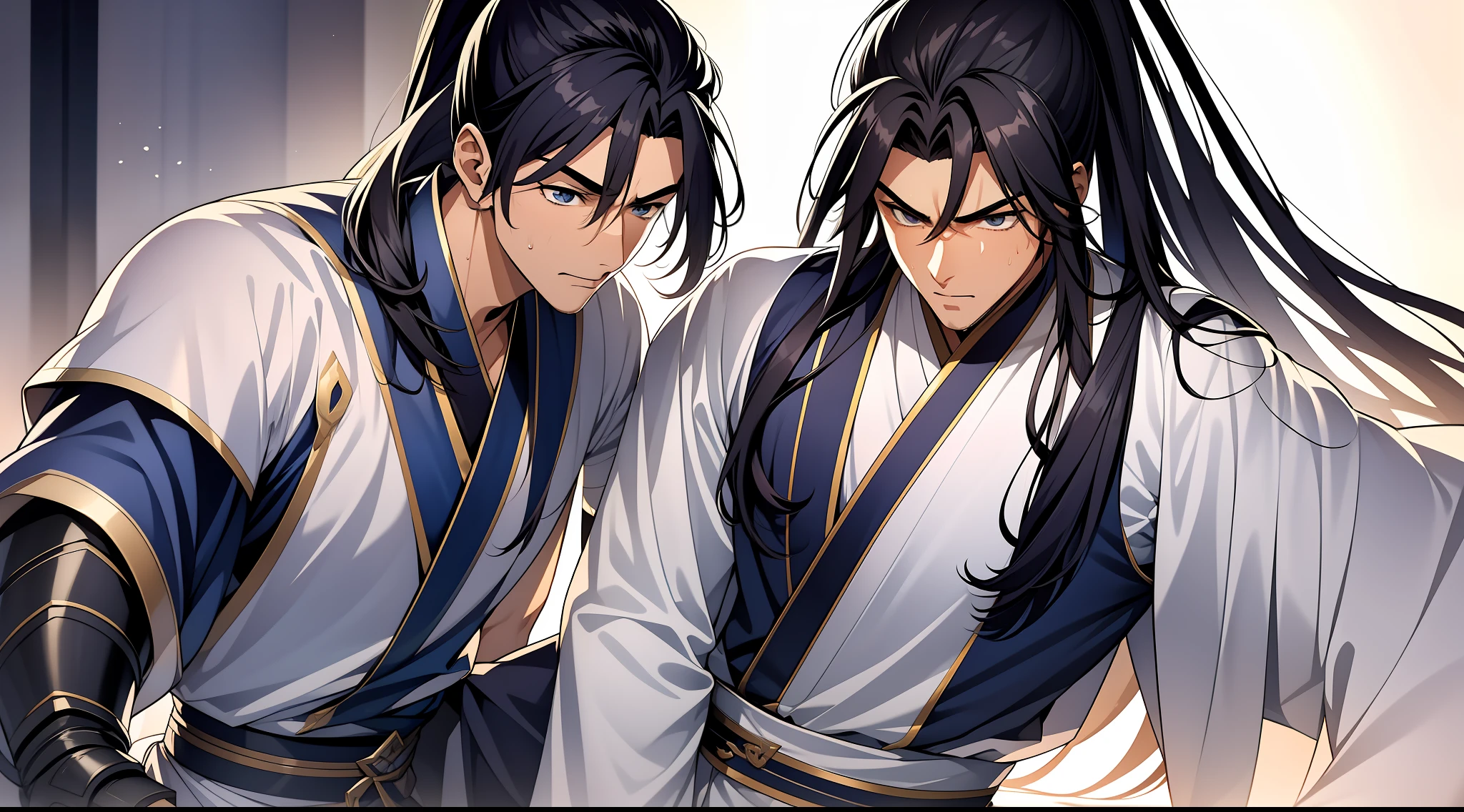 quadratic element,style of anime,1 man(Male Warrior),solo person,closeup of face,High ponytail hairstyle,perspired,White Hanfu,longer sleeves,Wear arm guards、Armour,blue colored eyes(eyes glowing),cabelos preto e longos,Sweat on the face,Handsome,(juvenile sense),Clothing is complicated,Refinement,high qulity,higher details,a sense of atmosphere,facial closeups,