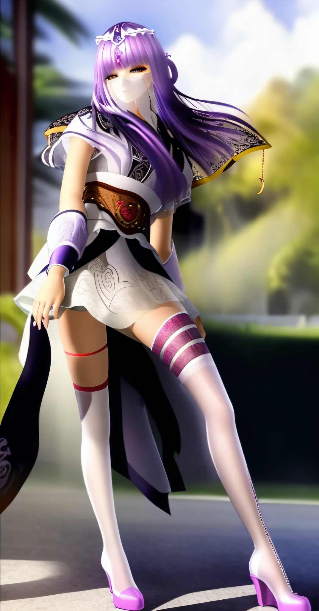 tmasterpiece，（Highest image quality：1.4），（super high image quality：1.2），4k画质，（Exquisite illustrations：1.4），（8K，RAW photos：1.2），Eyes slightly closed，（White veil）legs are open，sexyposture，（Perfect Finger）1girll，seduce，seductiv，half squatting（Spread your legs 120°），M legs，Knees facing forward，（Spread your legs 120°），Wear only white silk panties，White silk bra，veils，Model figure，White skin，shiny skins，White stockings，High-heeled boots，Full body like（High boots included），Wear only white silk panties，White silk bra，nudegirl，Wear only white silk panties，White silk bra，nudegirl，Wear only white silk panties，White silk bra，Purple high boots，
