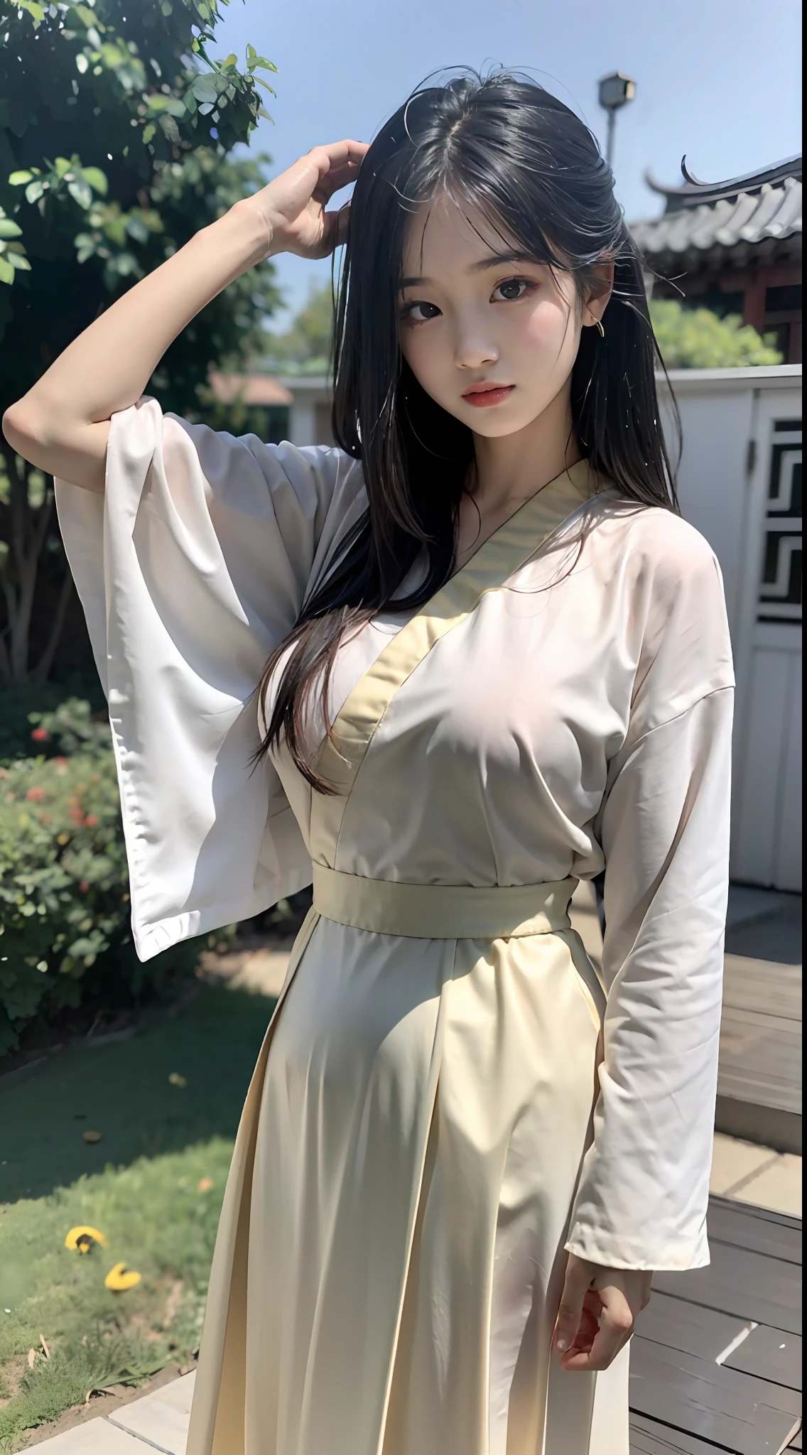 Master quality, highest quality, best picture quality, exaggerated details, a cute 8 year old asian with a shy expression, slightly squinted eyes, adjusting her hair, long eyelashes (long hair / very, very exaggerated big breasts _ tits / in hanfu chinese luxury), posing in front of the camera, wet throught