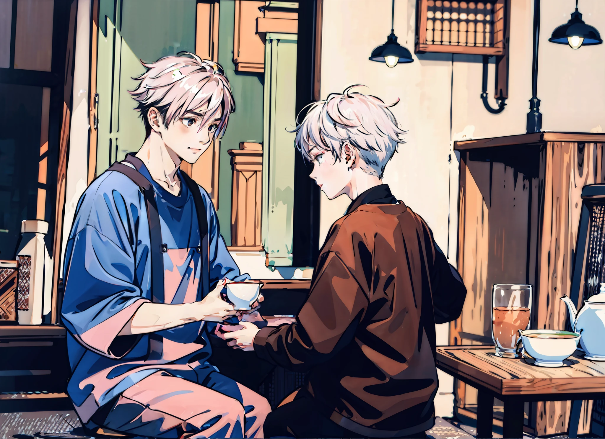 1boy and 1boy, sitting,
AND 1boy and 1boy,sitting, tea,(1boy short white hair:1.2) , AND 1boy and 1boy,sitting, tea,(1boy long pink hair:1.2) ,