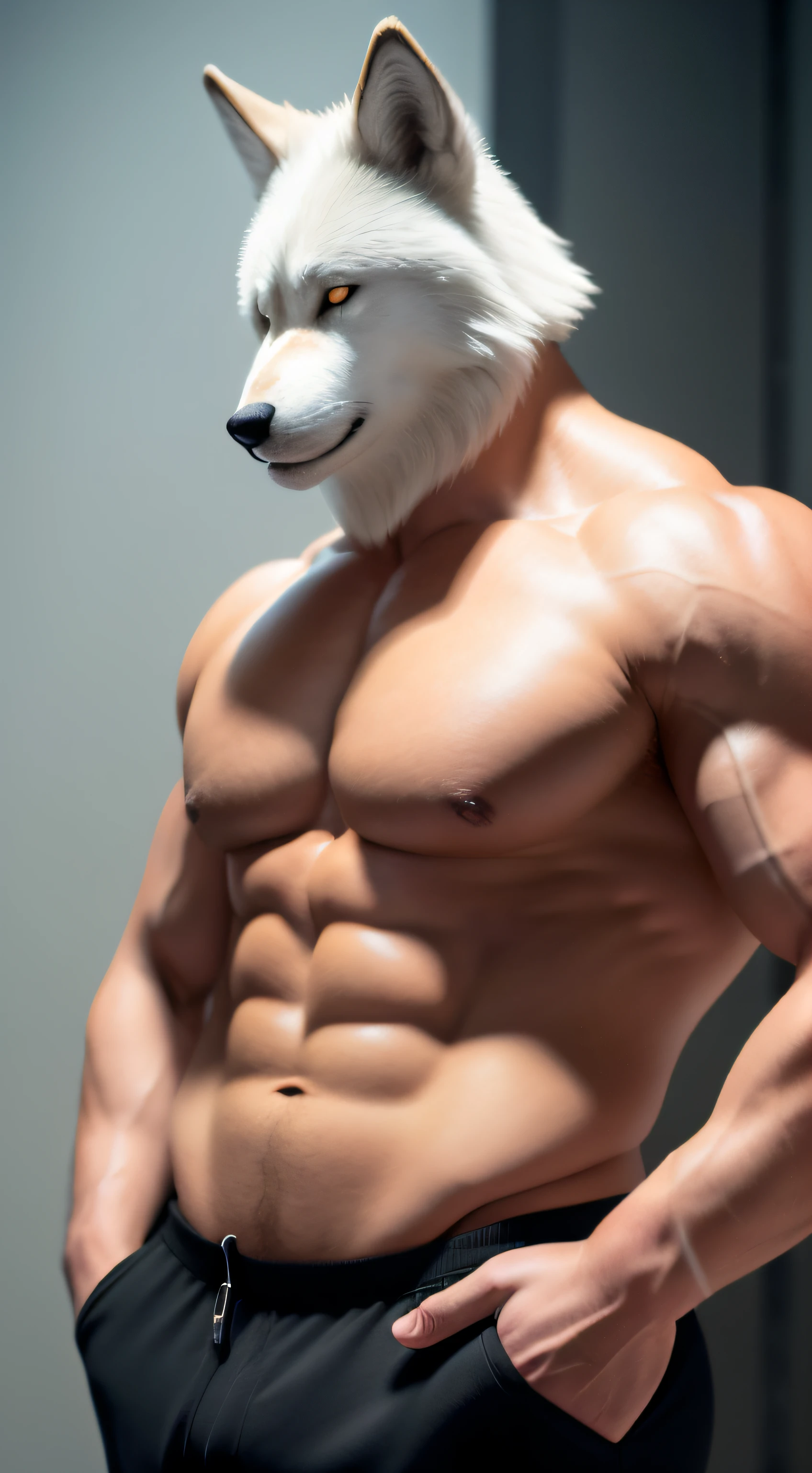8K,best qualtiy,tmasterpiece:1.2),(realisticlying,realisticlying:1.37),ultra - detailed,best qualtiy,超高分辨率,profesional lighting,photon maping,Radio City,physically-based renderingt,cinmatic lighting,Wolf-headed beast muscle man in a vest,Silver hair all over the body,vests,shorter pants,musculature,strength,whair,centered composition