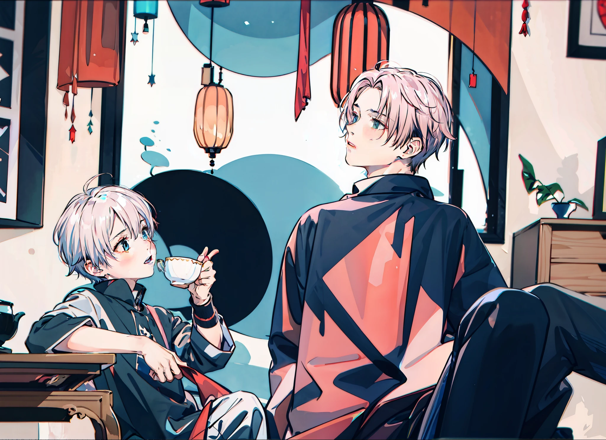 1boy and 1boy, sitting,
AND 1boy and 1boy,sitting, tea,(1boy short white hair:1.2) , AND 1boy and 1boy,sitting, tea,(1boy long pink hair:1.2) ,