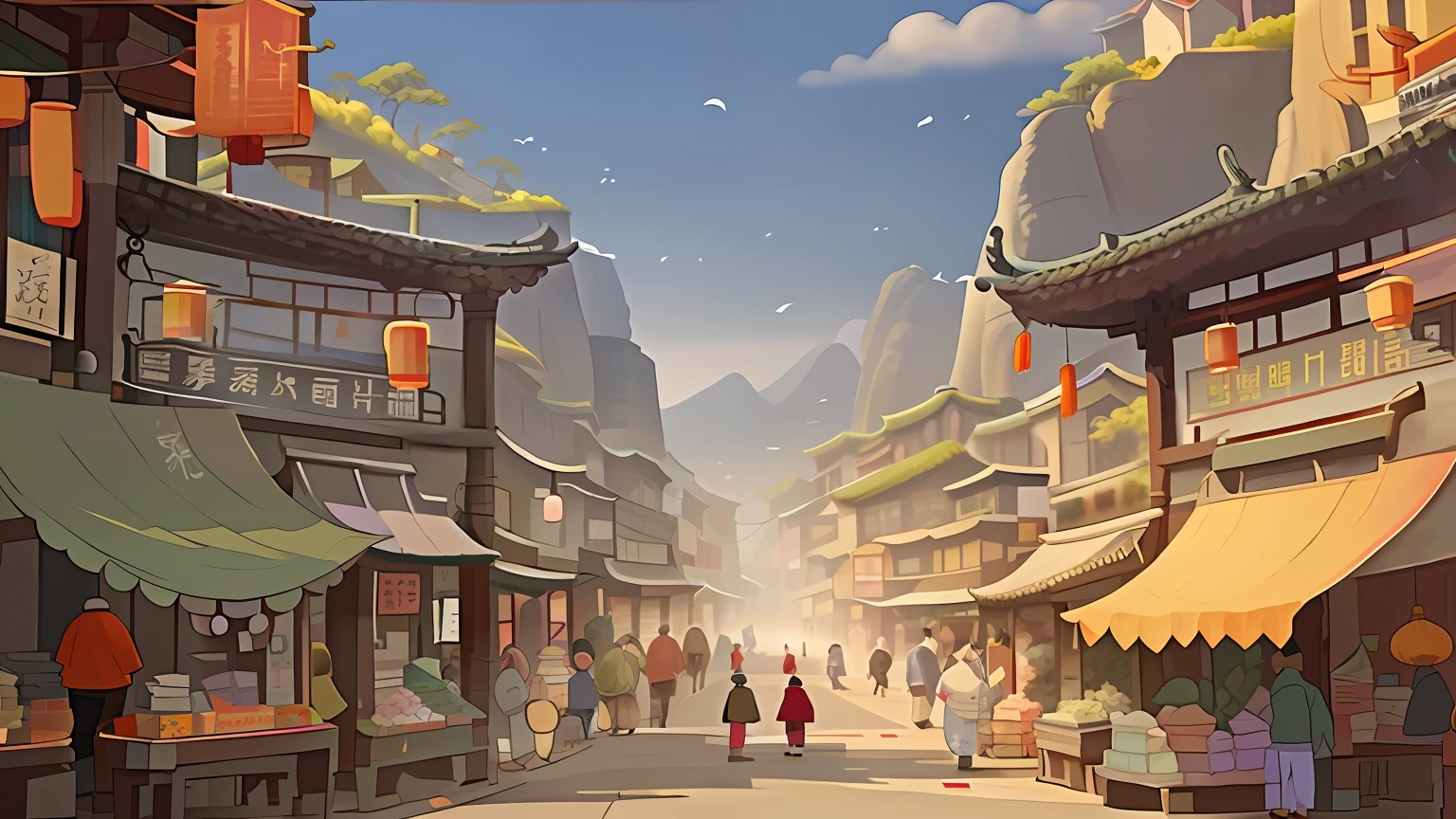 There is a painting on the street，people walking on the street, , dreamy Chinese towns, , Chinese village, town center background, Q version，Cartoony，Q version of the architectural model，Sense of line，lichen，Less detail，Thick lines，Thick strokes，Simple shaping，Structure Q version
