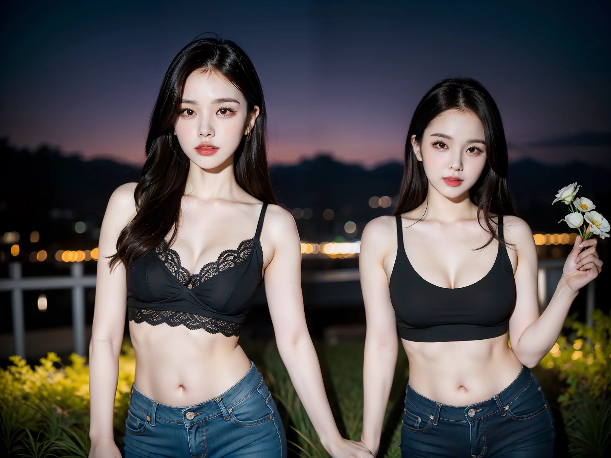 A fullbody portrait of ((1girl)), ((chubby)) ((asian girl)), photo model, within face likely ((umji GFriend)), sexy body wearing black crop top and short jeans, holding a flower in the garden, cityscape, montain, stars, city nighlight, set up night time, bokeh, cinematic lighting, f1.2, ((80mm lens)), twilight sky, mini crop top, swirly bokeh
