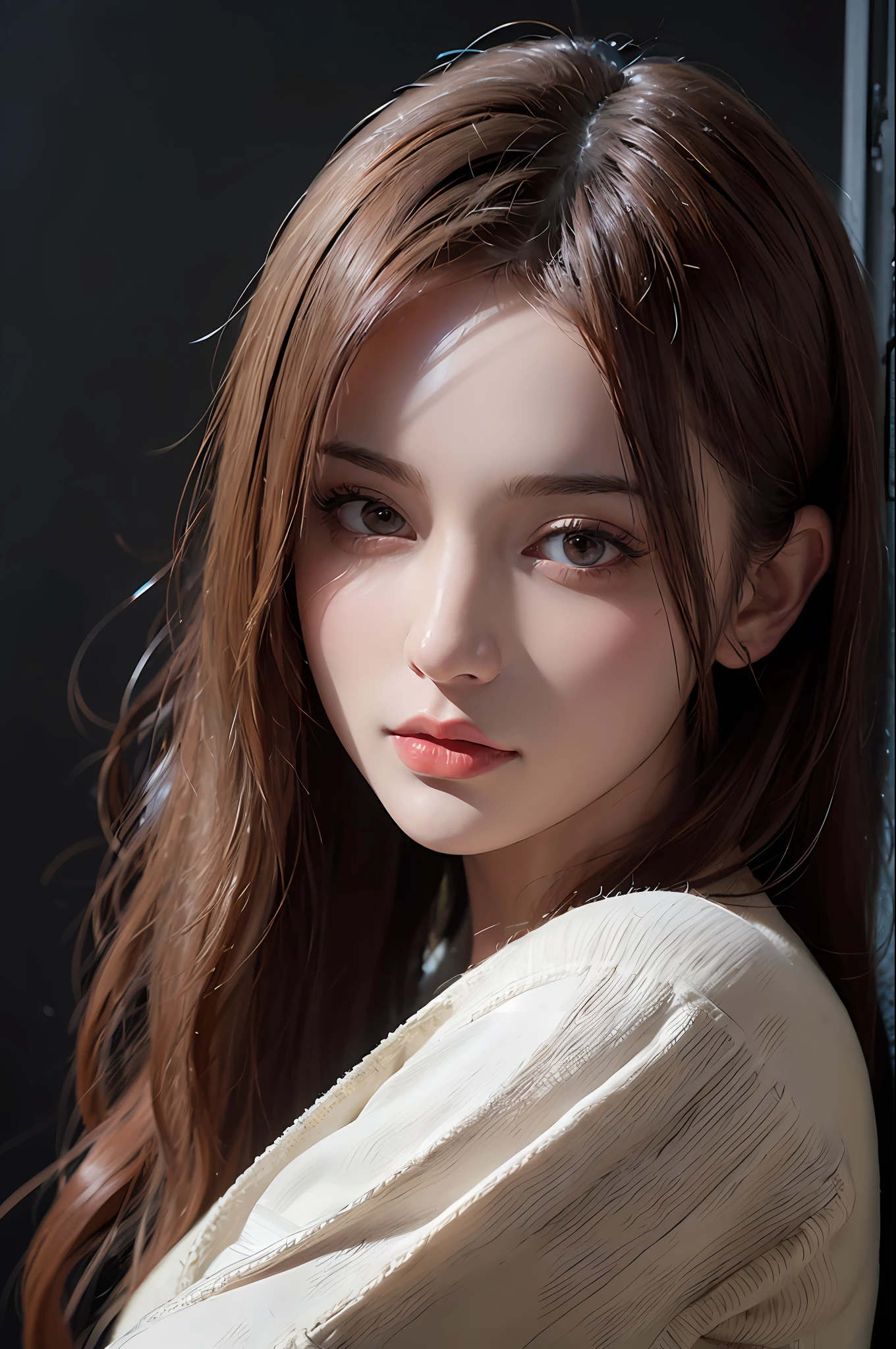 (in the dark:1.6), Hyperrealist portrait of female by david hockney and alphonse mucha,fantasy art, photo realistic, dynamic lighting, artstation, poster, volumetric lighting, very detailed faces, 4 k, award winning,, 1girl, in the dark, deep shadow, low key,cowboy shot,(official clothing:1.4) ,long hair,white hair,