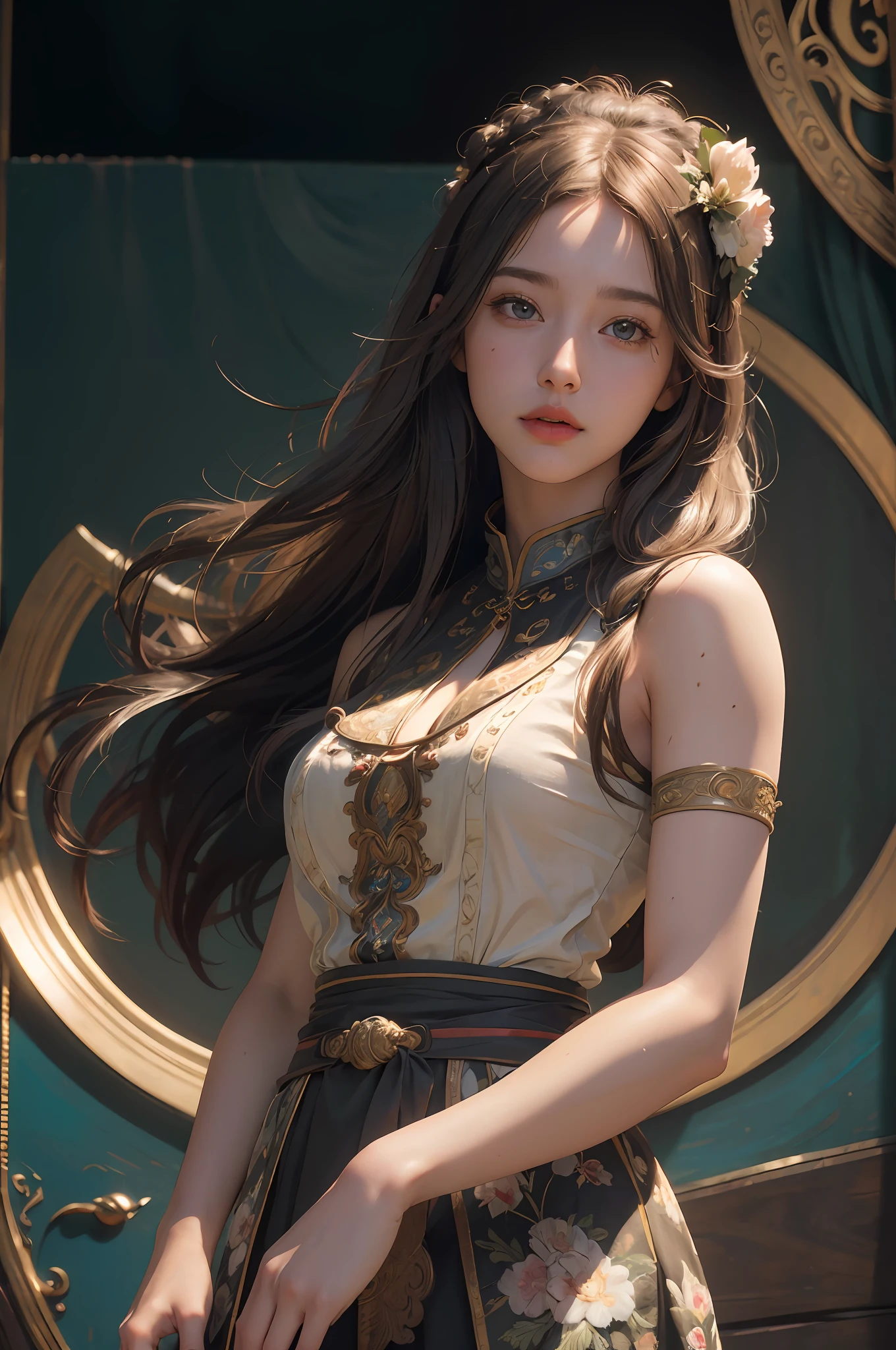 (RAW photo, best quality), (realistic, photo-realistic:1.3),best quality,highly detailed,masterpiece,ultra-detailed,illustration,1girl,upper_body,dynamic angle,world masterpiece theater,messy_long_hair,best quality,extremely detailed CG unity 8k wallpaper,ink,Amazing,cinematic lighting,lens_flare,,dunhuang_style