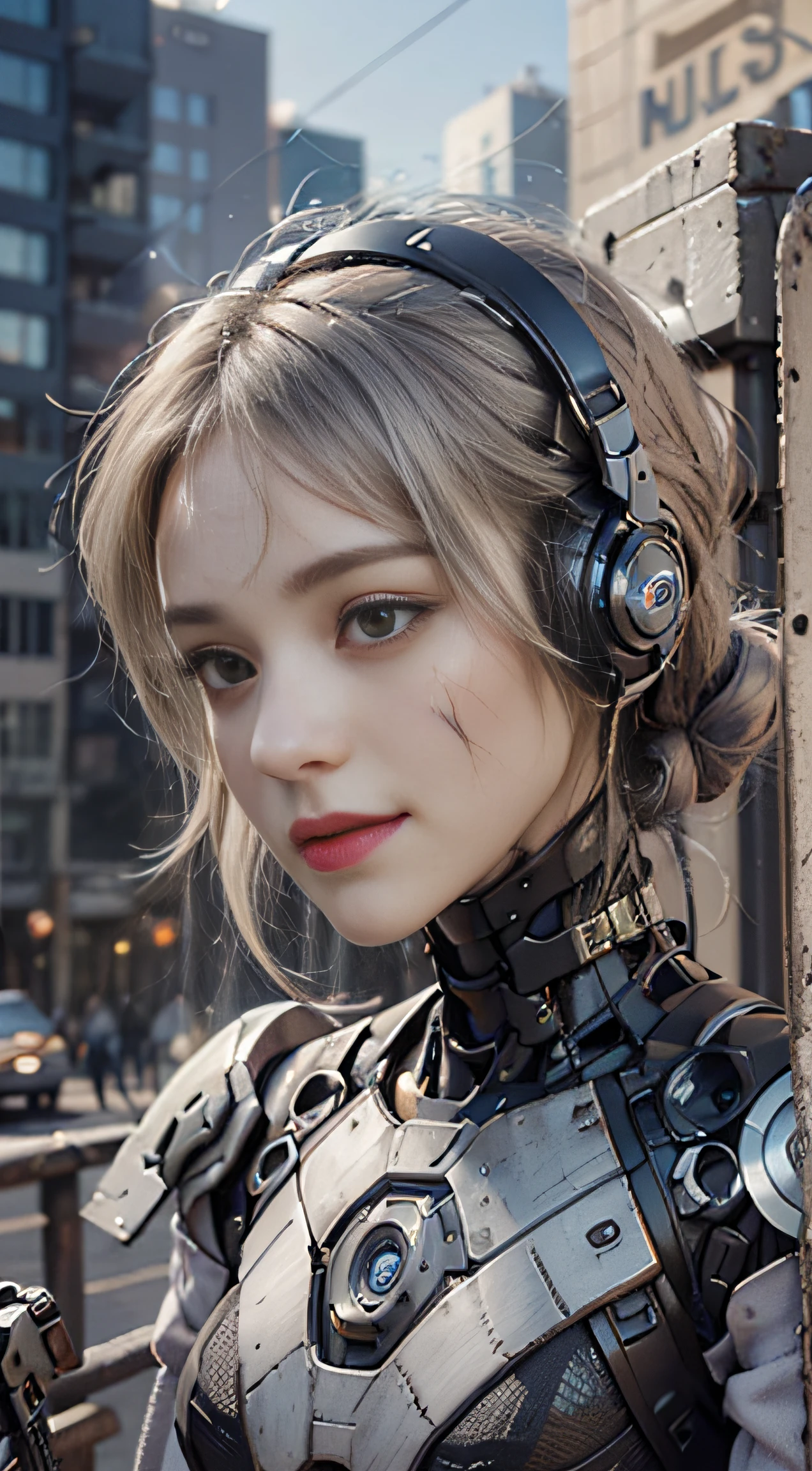 Futuristic suit girl with weapon, In front of the city of gunsmoke, City of Gunsmoke, battle field, Real Woman, Real Face, Cute Girl, Smile, Scars on her face, perfect cyborg girl wearing sci-fi headphones, Beautiful woman , Beautiful girl cyborg, Silver hair, Manipulator, nffsw, 4K,