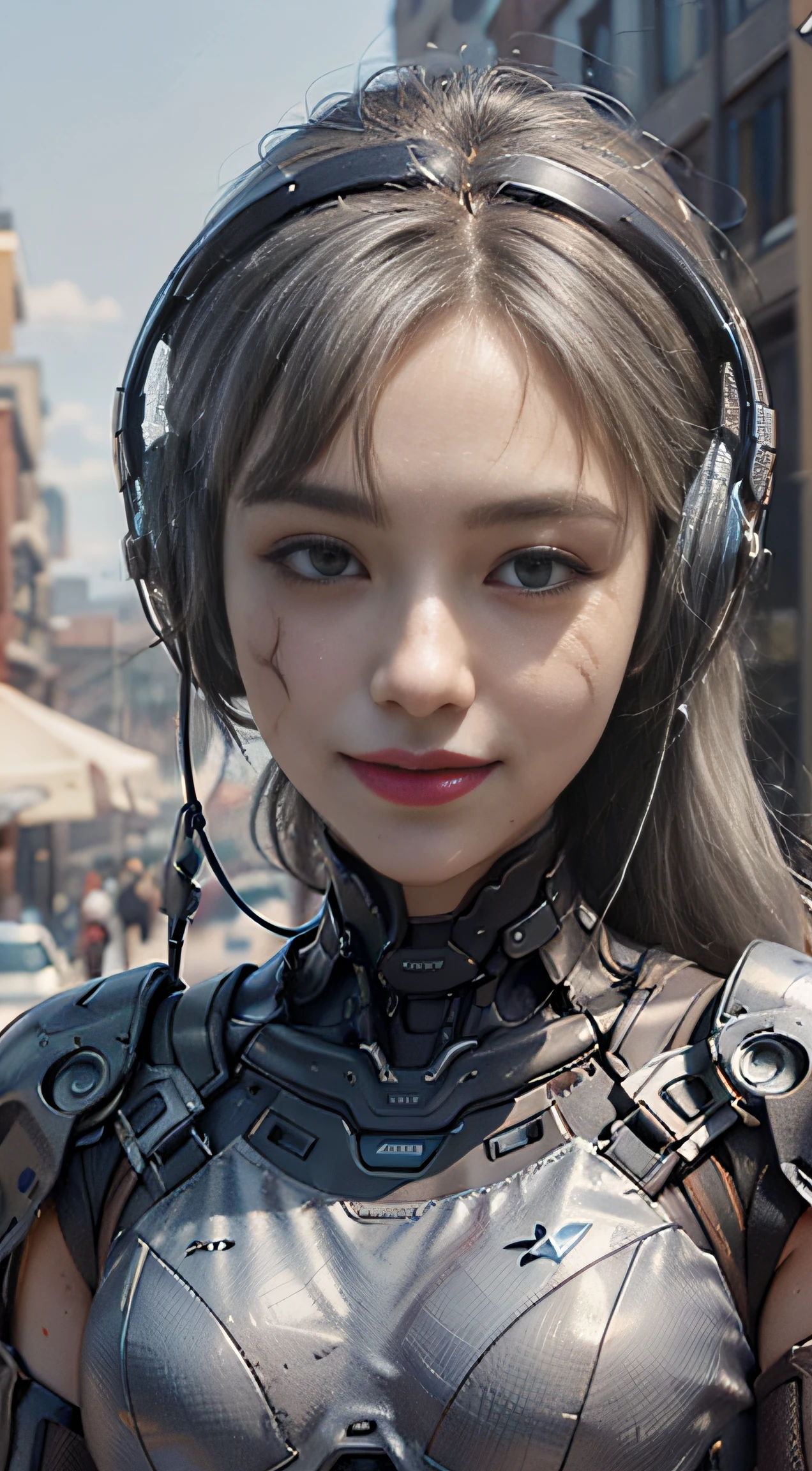 Futuristic suit girl with weapon, In front of the city of gunsmoke, City of Gunsmoke, battle field, Real Woman, Real Face, Cute Girl, Smile, Scars on her face, perfect cyborg girl wearing sci-fi headphones, Beautiful woman , Beautiful girl cyborg, Silver hair, Manipulator, nffsw, 4K,