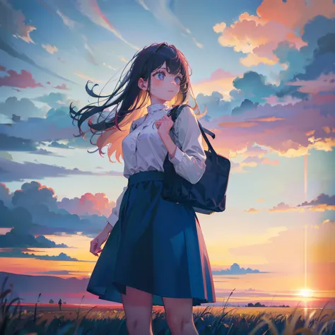 girl standing in field, closeup, portrait, clouds, sunrise