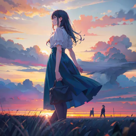 girl standing in field, closeup, portrait, clouds, sunrise