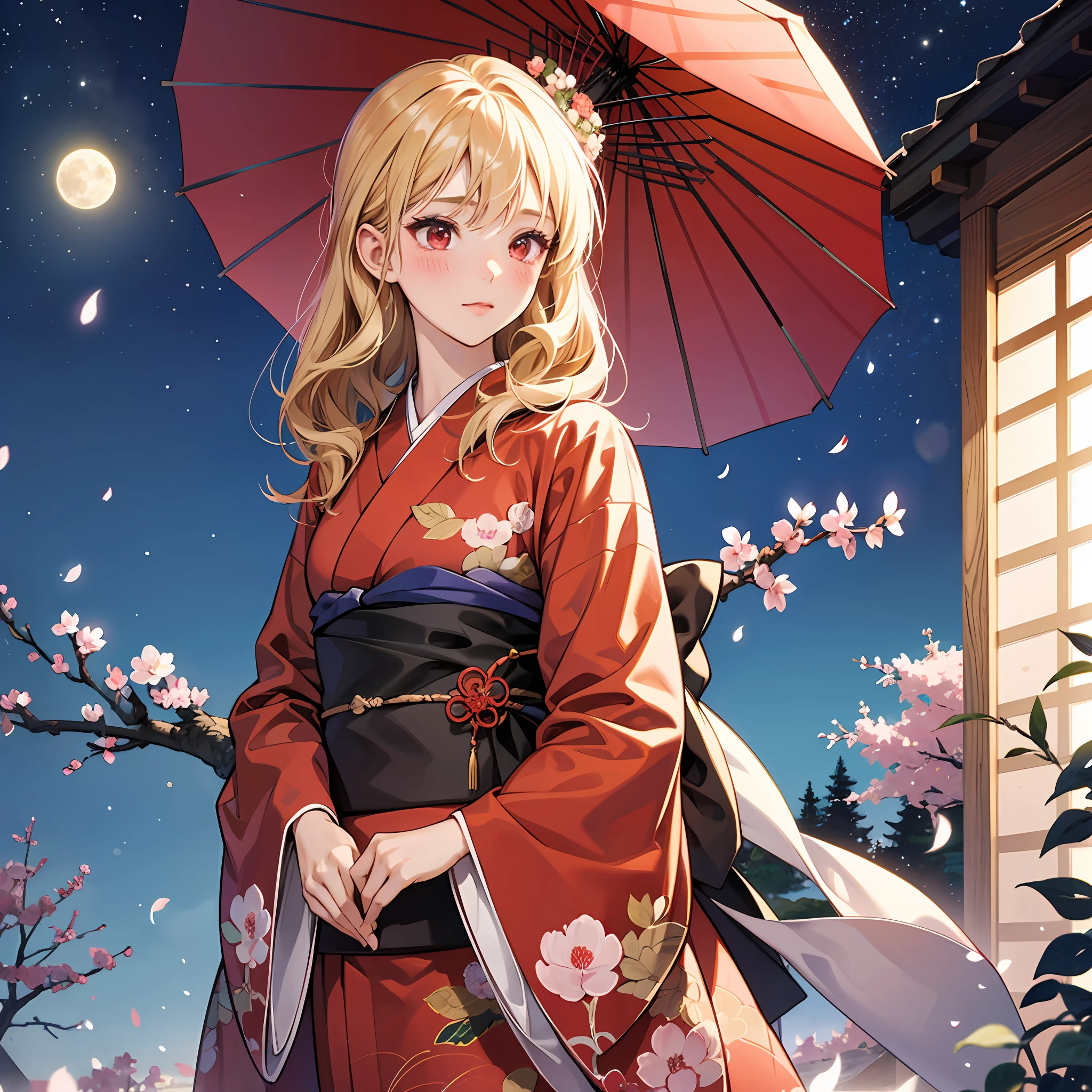 red blush、a blond、red eyes、Beautiful girl alone、animesque、独奏、Kimono、lonely、cherry trees、natta、a moon --auto