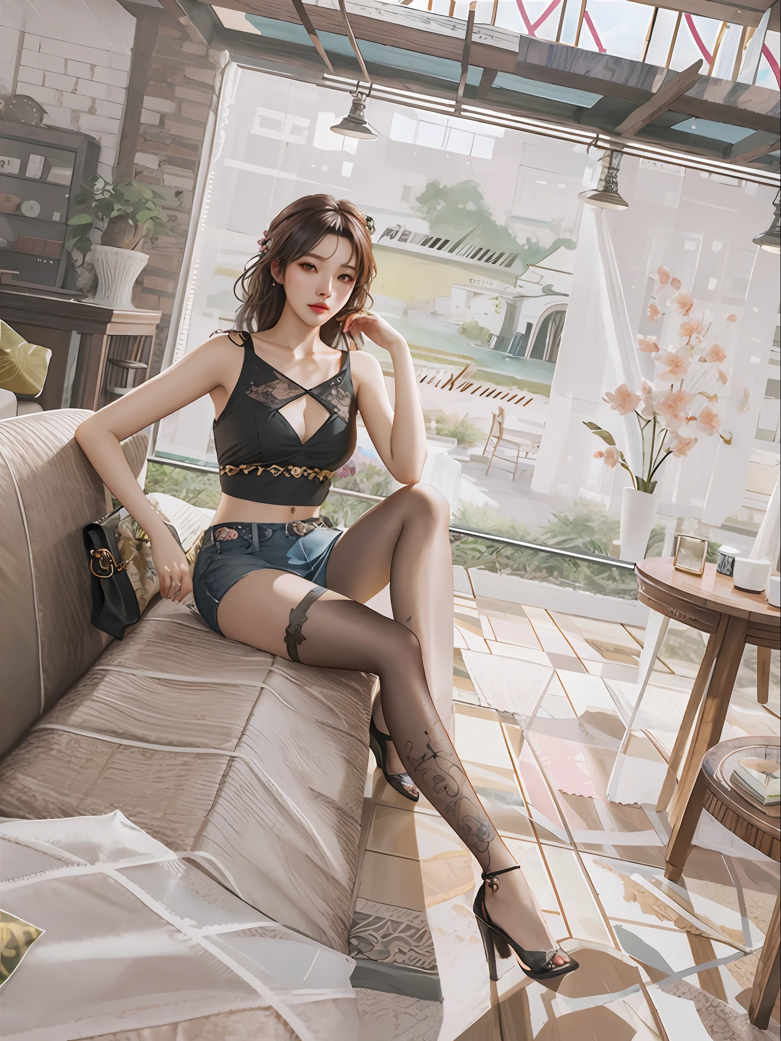 there is a woman sitting on a couch in a room, trending on cgstation, realism art style, realistic art style, Seductive girl, Photorealistic!!!!!!! Art style, 🌺 CGSesociety, beautiful alluring women, Realistic. Cheng Yi, Realistic girl rendering, Smooth CG art, trending at cgstation, by Yang J, Realistic 3D style