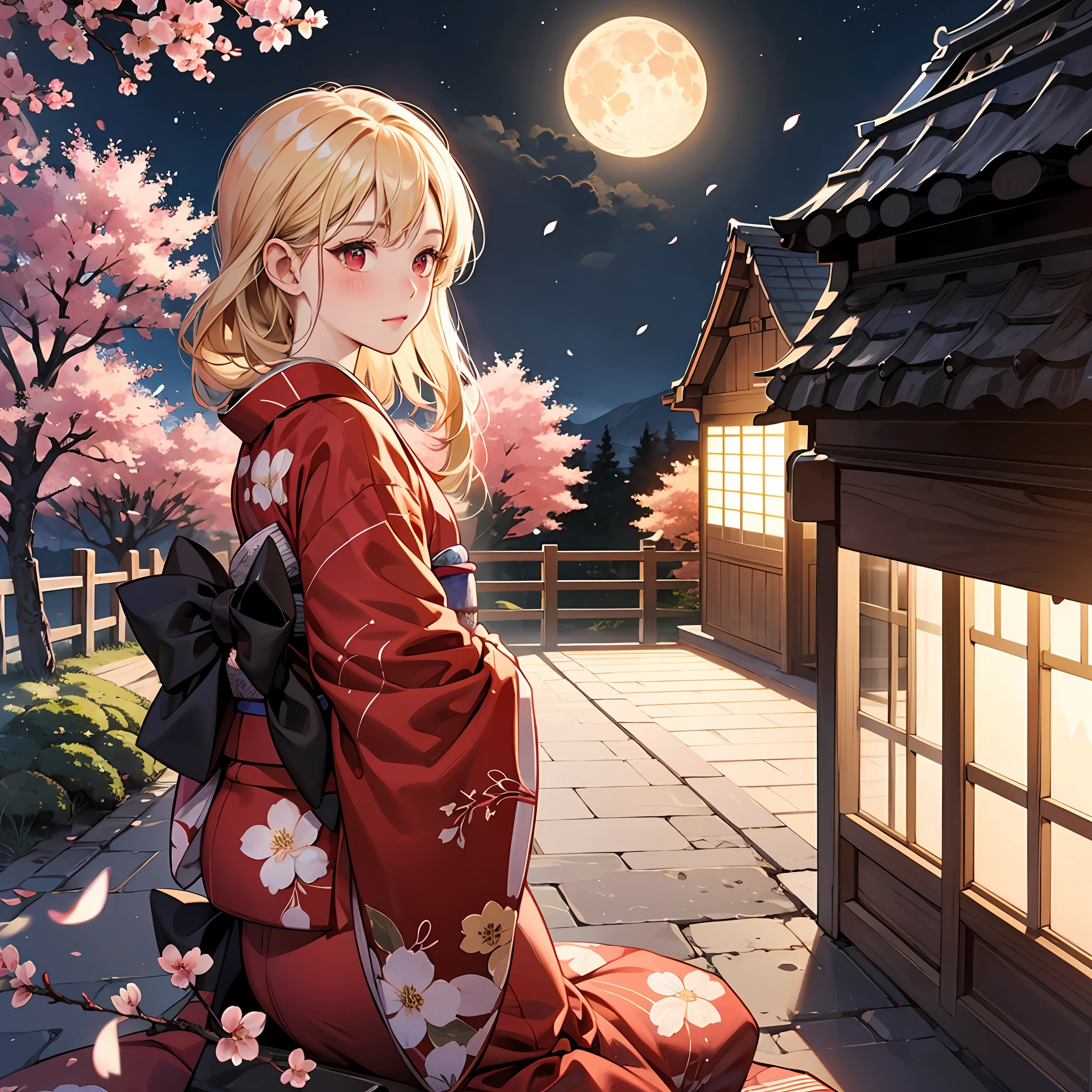 red blush、a blond、red eyes、Beautiful girl alone、animesque、独奏、Kimono、lonely、cherry trees、natta、a moon --auto